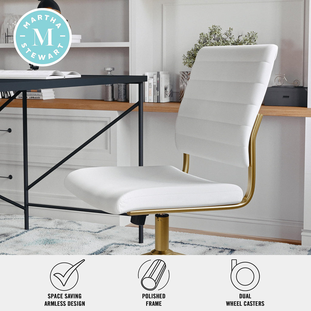 Armless Swivel Task Chair for Home Office in White Faux Leather with Polished Brass Frame