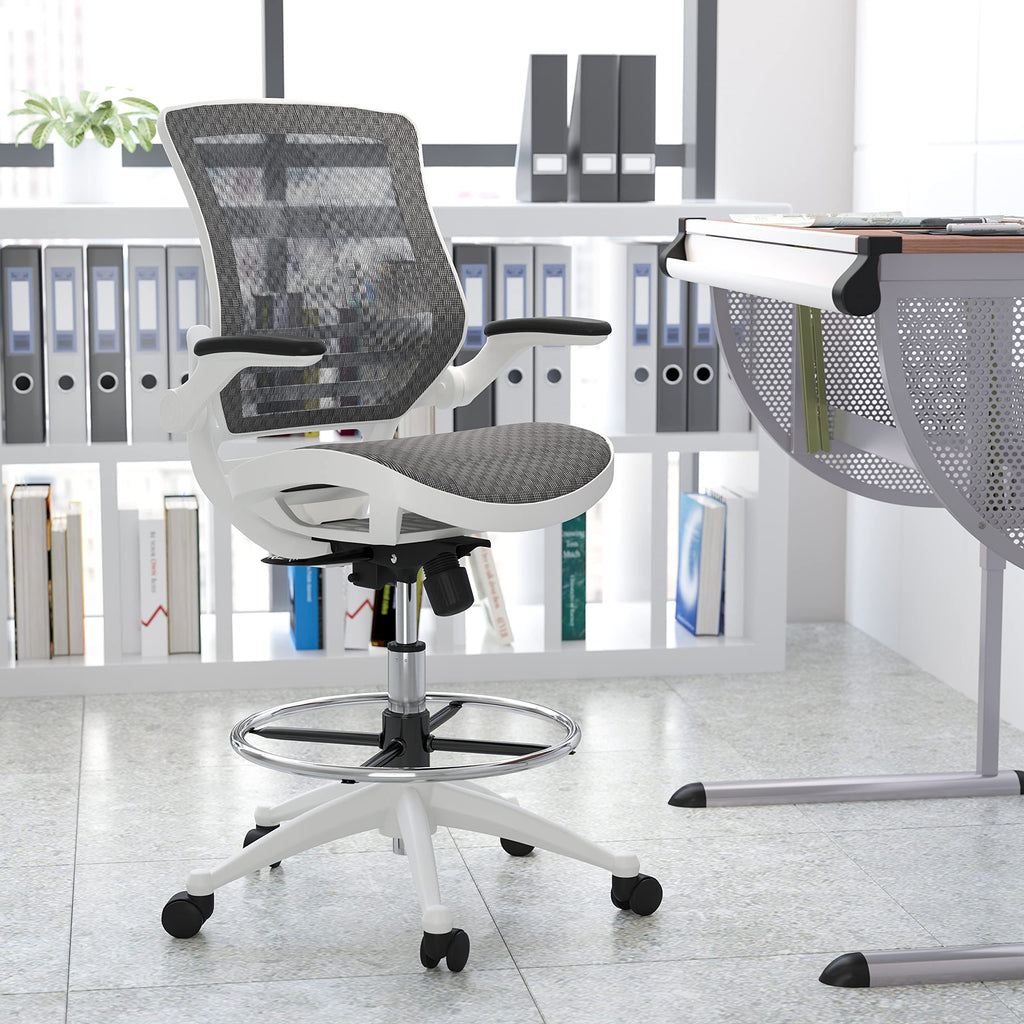 Mid-Back Swivel Office Chair with Adjustable Foot Ring and Seat Height, Ergonomic Mesh Chair with Armrests, Gray/White