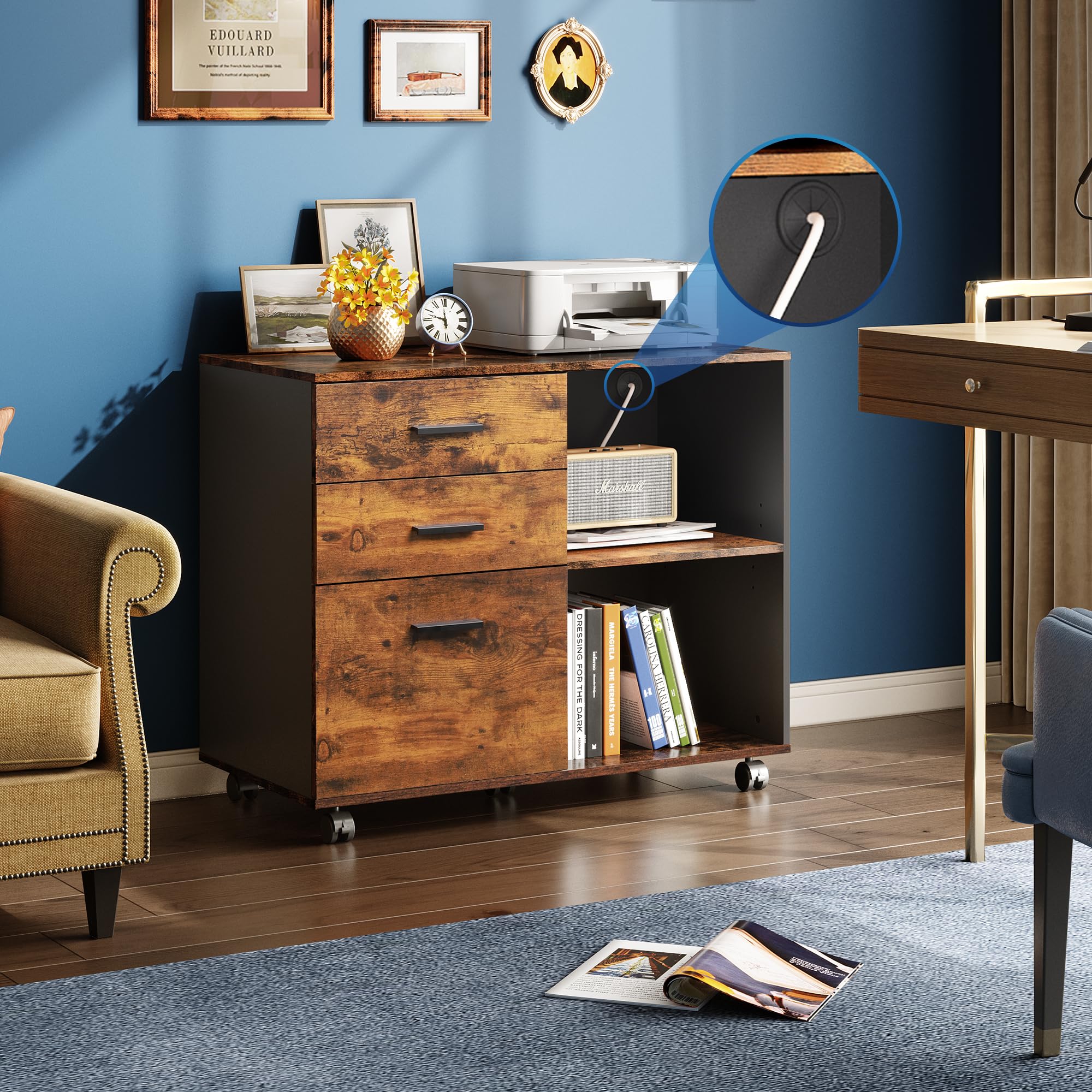 3-Drawer Mobile File Cabinet, Lateral Filing Cabinet, Rustic Brown