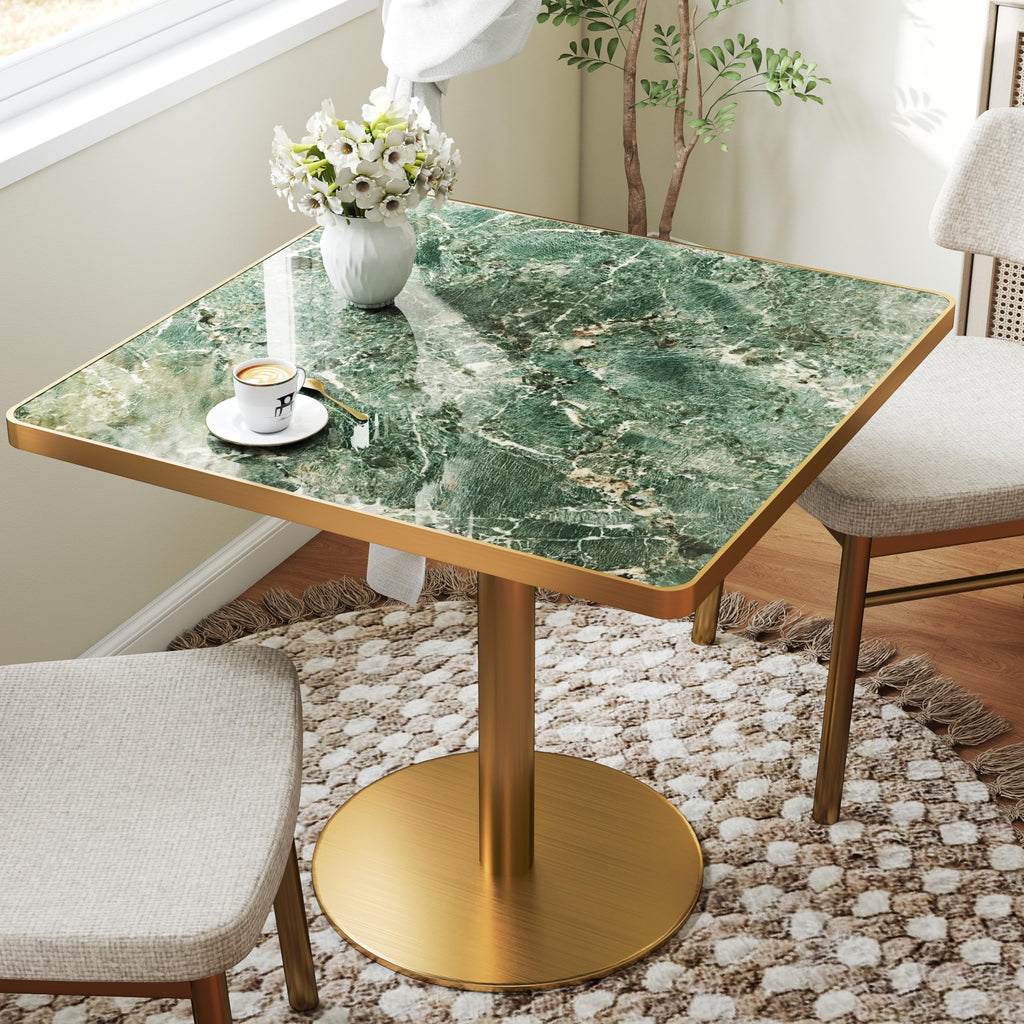 hausway 31.5" Tulip Table,Square Kitchen Dining Table for 2-4 with Thick Sintered Stone Top,Titanium Golden Pedestal Base,Heat-Resistant,Bistro Table for Dining Room,Café,Small Space（Emerald Essence）