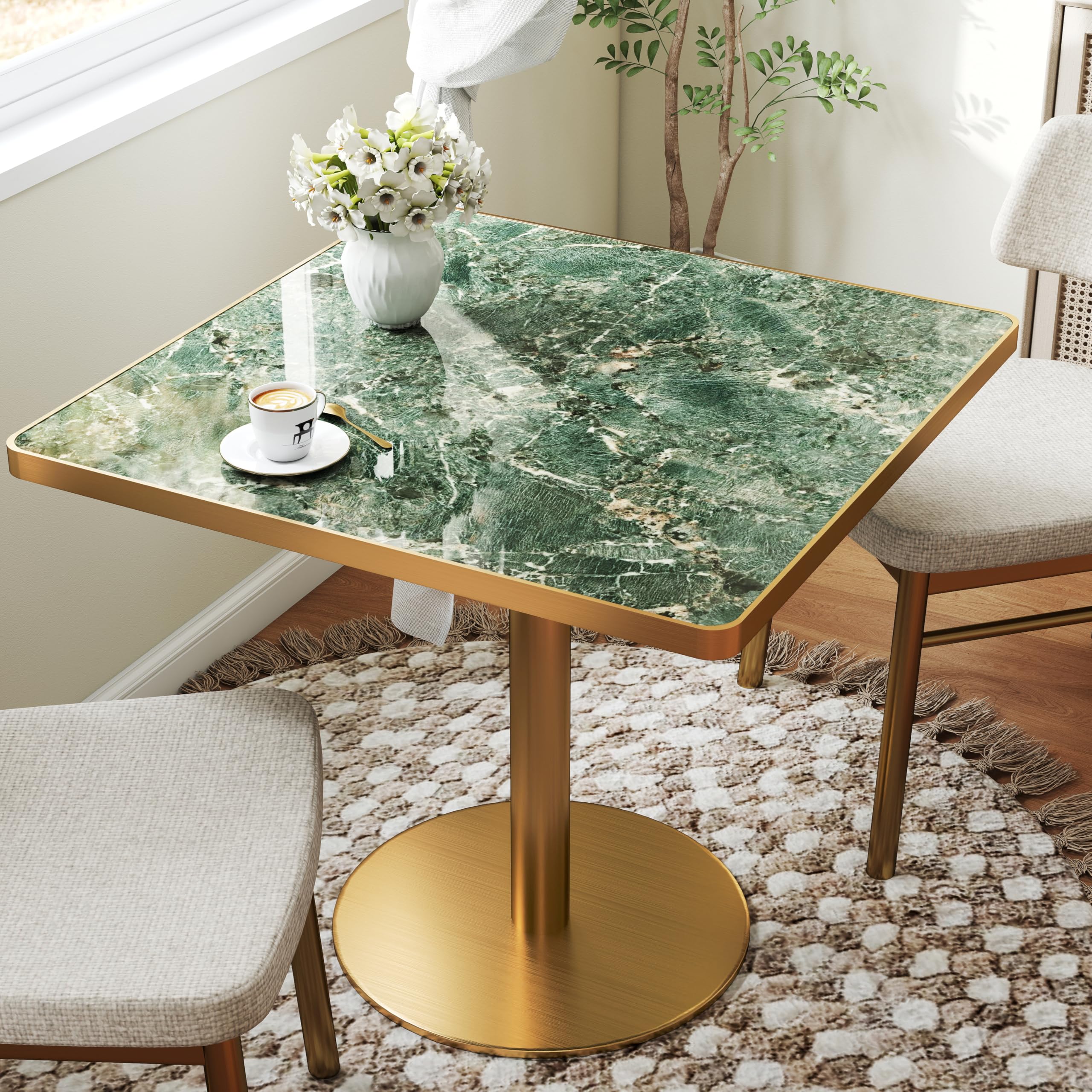 hausway 31.5" Tulip Table,Square Kitchen Dining Table for 2-4 with Thick Sintered Stone Top,Titanium Golden Pedestal Base,Heat-Resistant,Bistro Table for Dining Room,Café,Small Space（Emerald Essence）