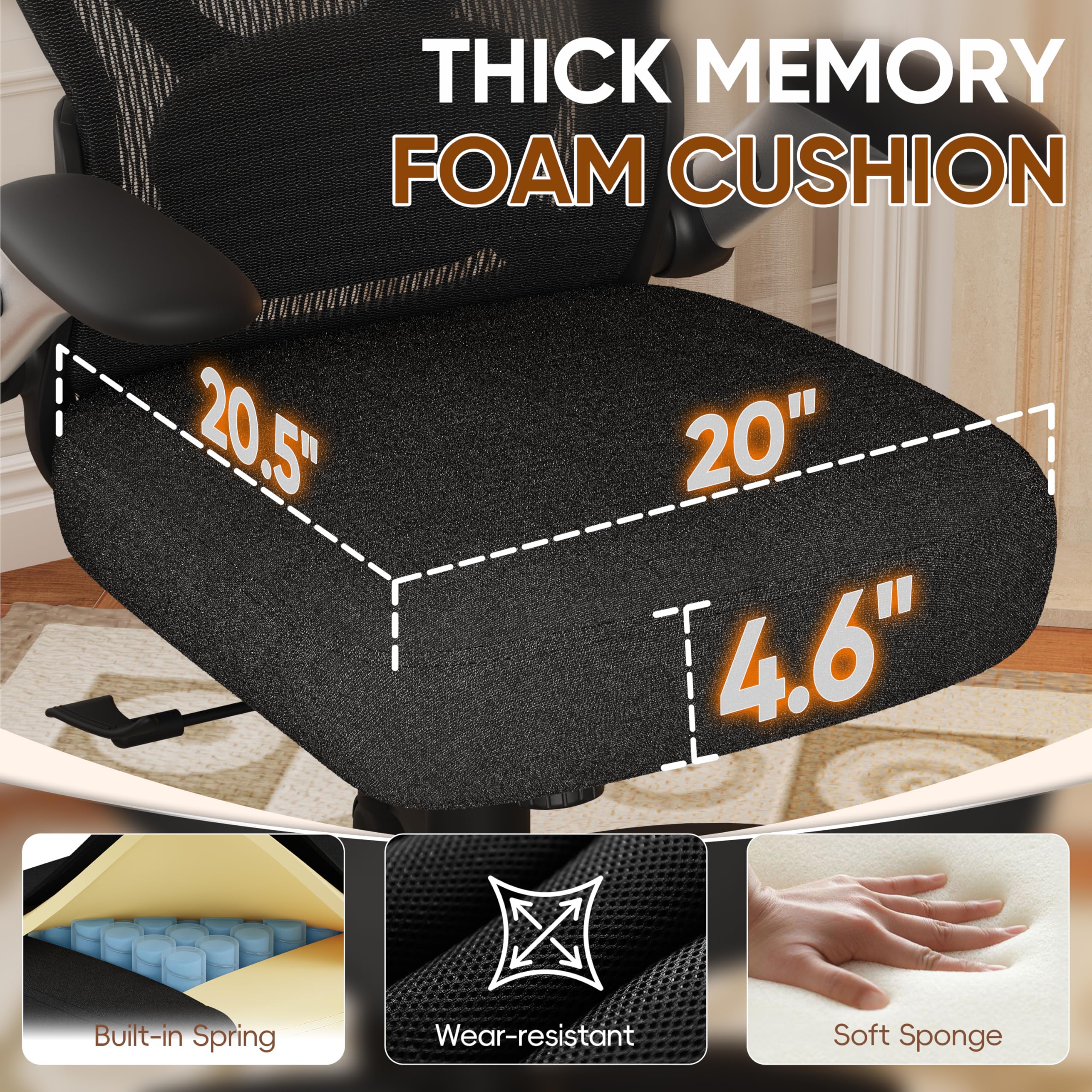Ergonomic Office Chair, Big and Tall Mesh Chair with Adjustable Lumbar Support, 5D Arms & Wide Seat, 135° Recline Home Desk Computer Chairs for Work Gaming, Heavy Duty,400LBS - Black