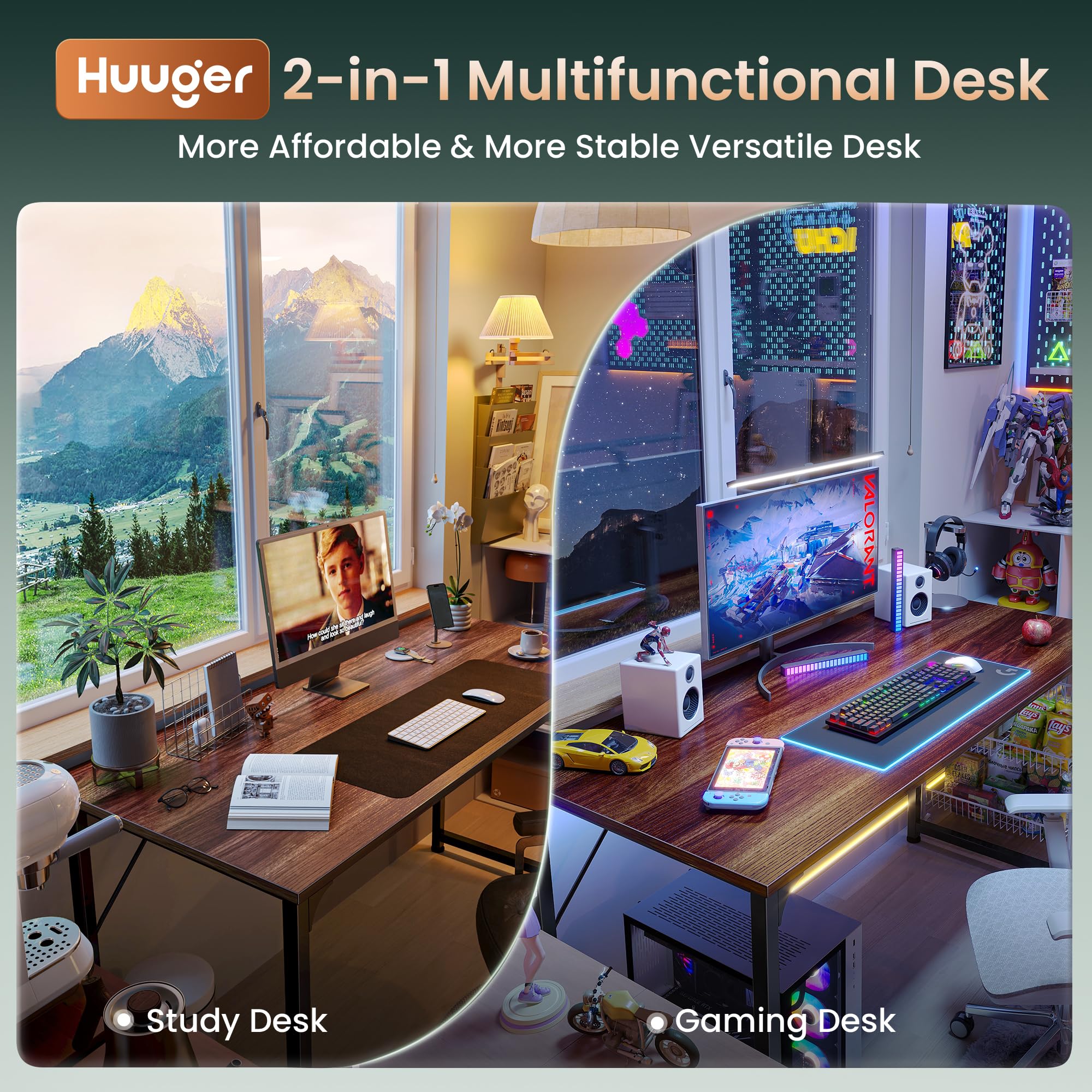 Computer Desk, 54 Inch Office Desk, Gaming Desk with Storage, Writing Desk Work Desk for Home Office, Study, Modern Simple Desk, Large Legroom, Metal Frame, Walnut