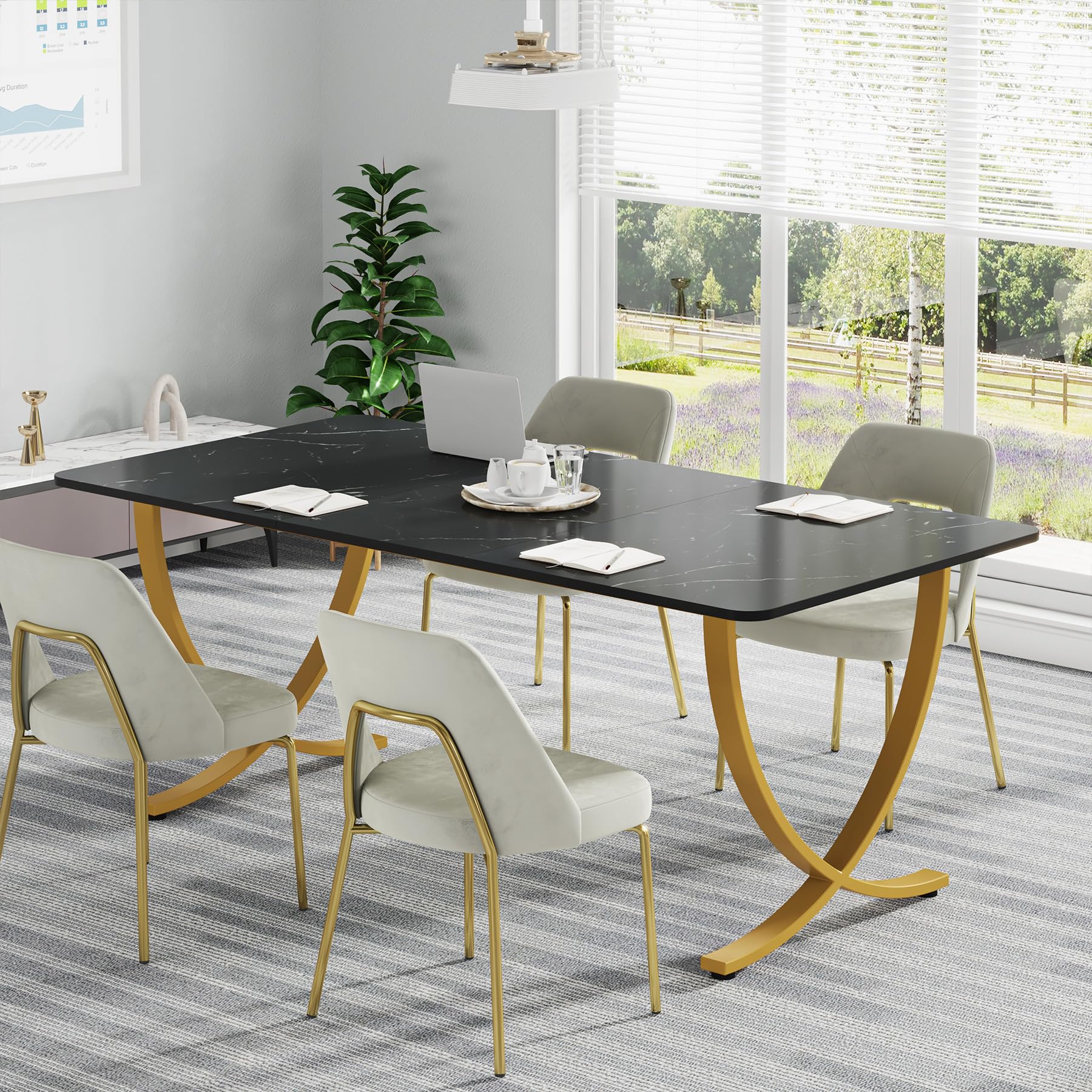 Executive Desk, 63” W x 31.5” D Large Office Desk, Modern Computer Desk Conference Table Meeting Room Table, Business Furniture for Home Office, Black and Gold