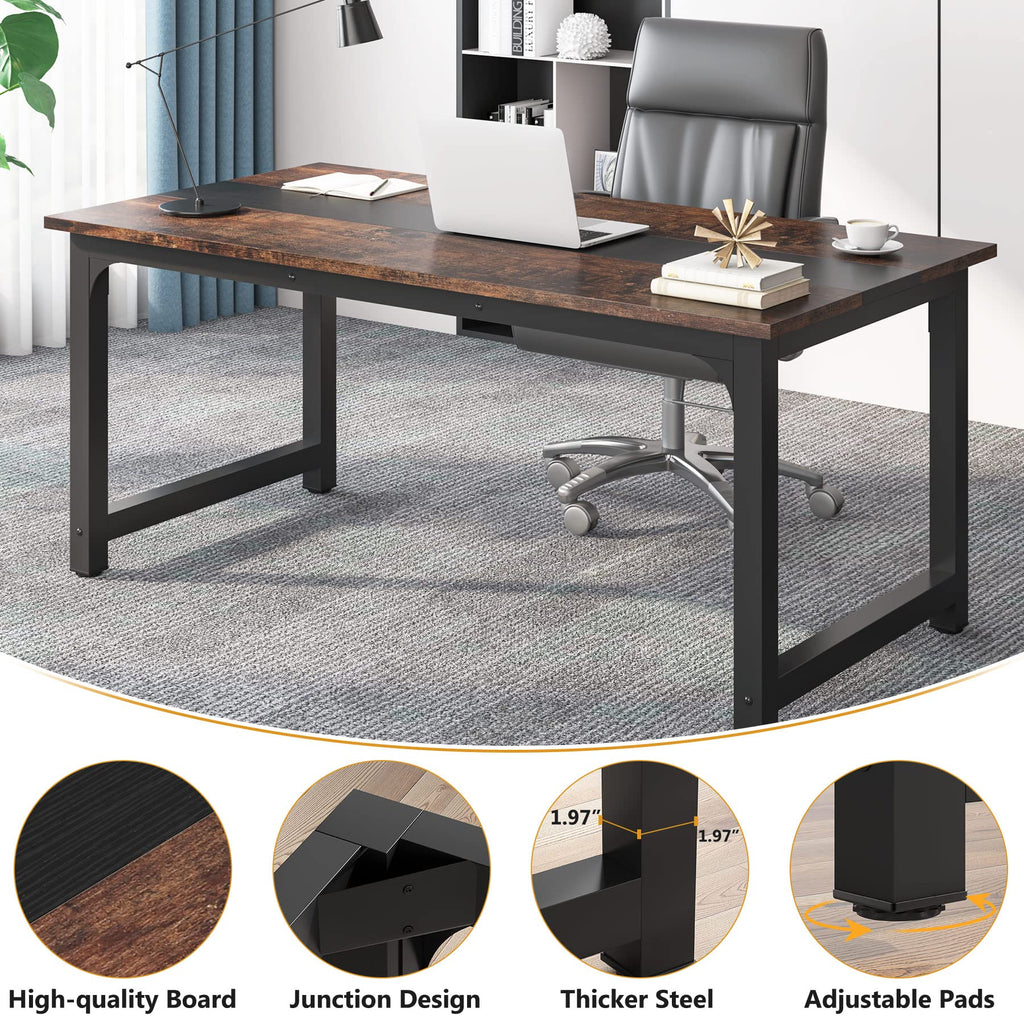 63” Executive Desk, Large Office Computer Desk with Thicken Frame, Modern Simple Workstation Business Furniture for Home Office, Vintage Brown/Black