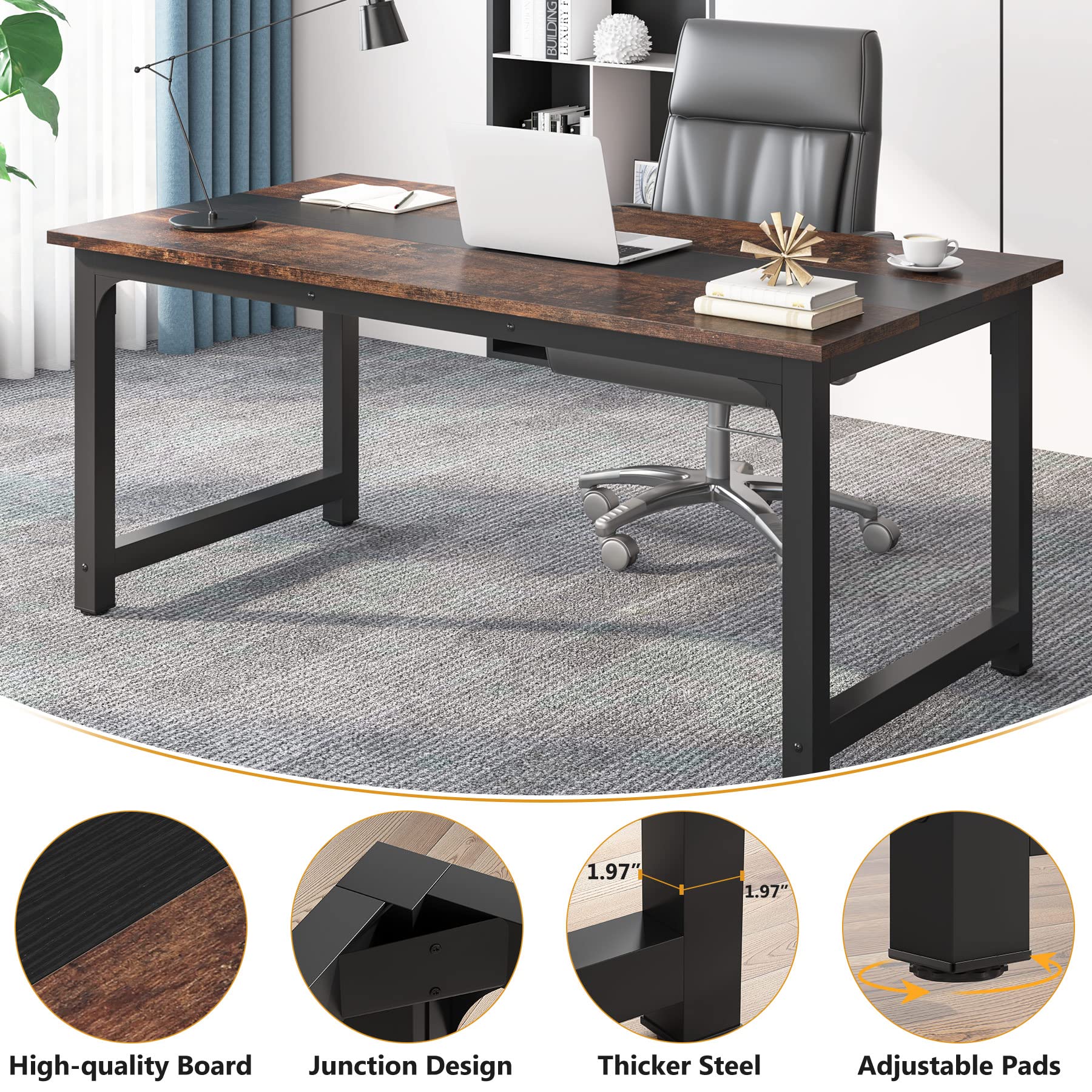63” Executive Desk, Large Office Computer Desk with Thicken Frame, Modern Simple Workstation Business Furniture for Home Office, Vintage Brown/Black