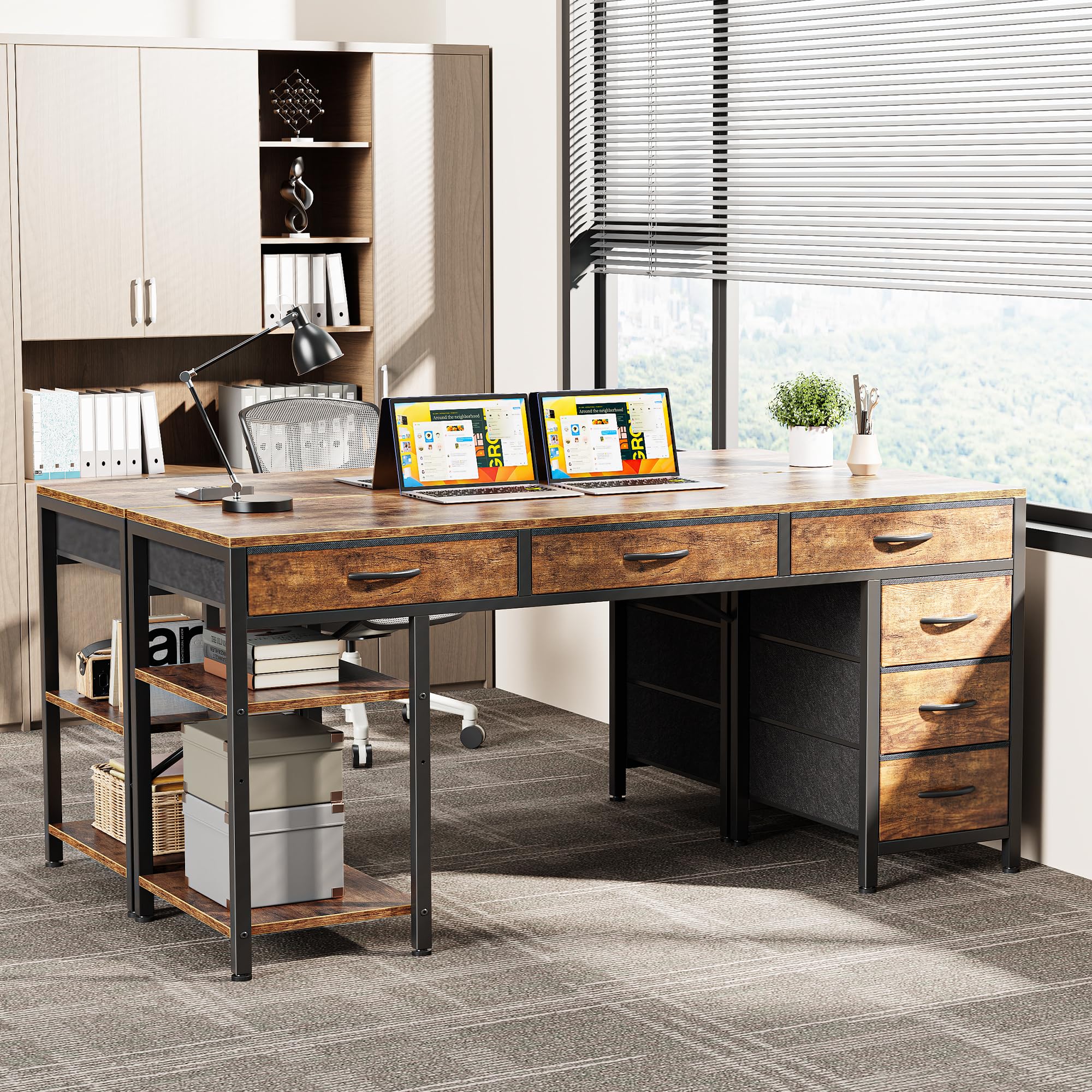 Computer Desk with 6 Drawers, Office Desk with Shelves, Reversible Gaming Desk, Corner Desk with Storage, Work for Home Office, Study, Living Room, 54inch, Rustic Brown
