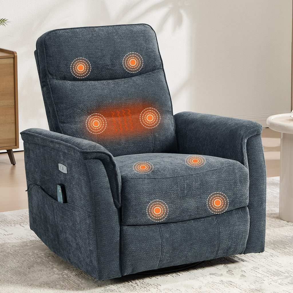 Recliner Chair for Adults, Power Chenille Nursery Rocker Recliner Massage and Heat, Oversized Swivel Reclining Chair with USB Ports for Living Room, Office Black