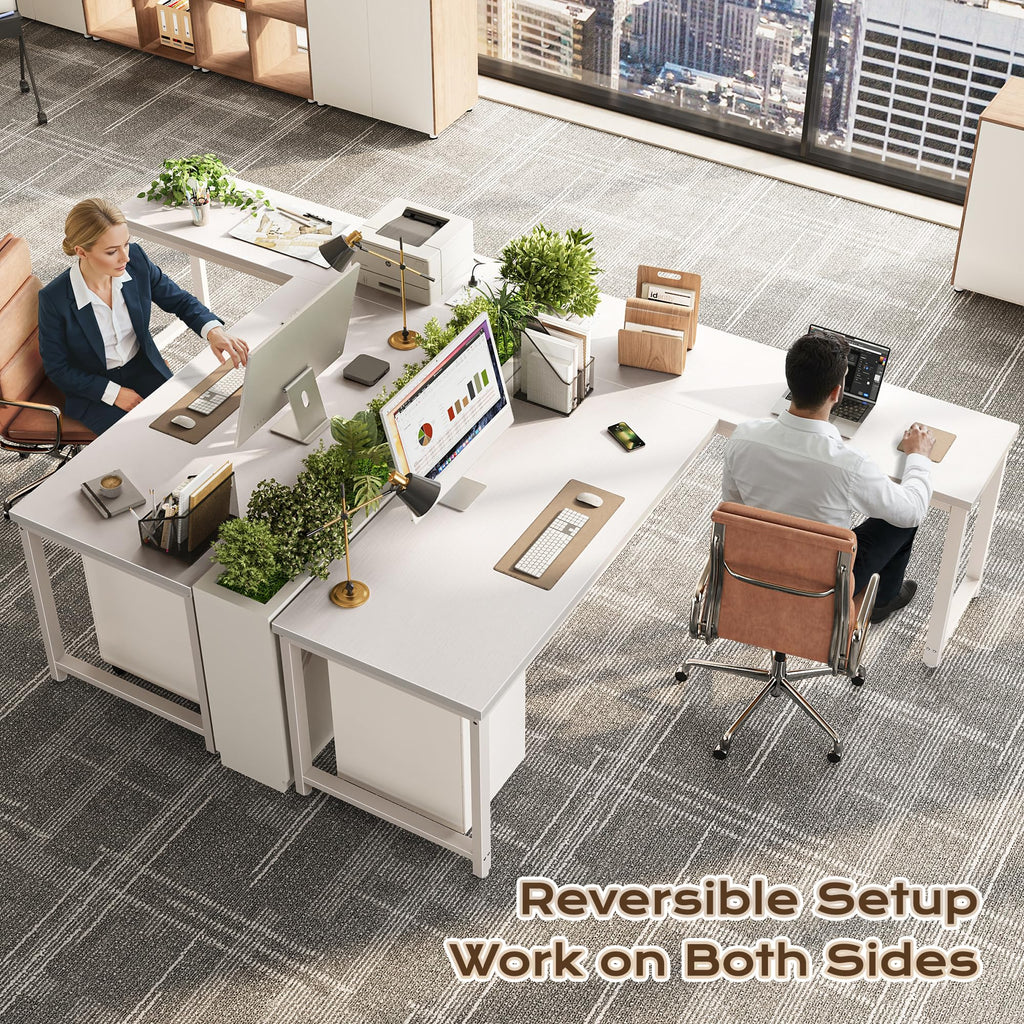 63 Inch L Shaped Desk with Power Outlets and USB-C Port, Reversible Computer, Larger Office Corner Gaming Desk, 0.95 Inch Thicker Desktop, Metal Frame, for Home Office, Study, White