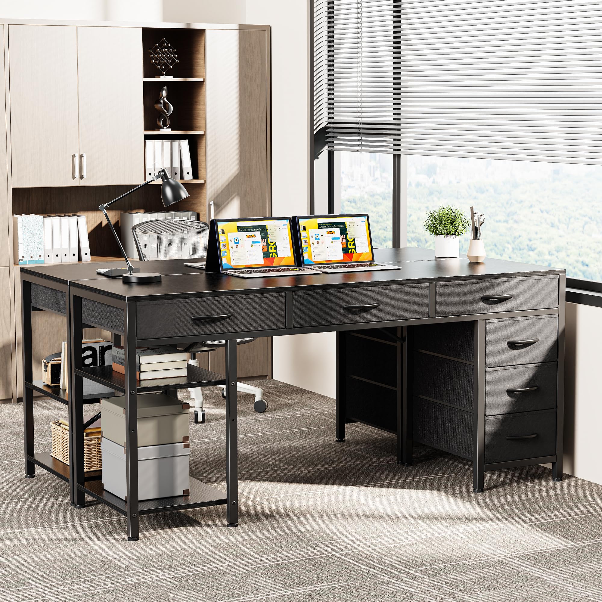 Computer Desk with 6 Drawers, Office Desk with Shelves, Reversible Gaming Desk, Corner Desk with Storage, Work for Home Office, Study, Living Room, 54inch, Black