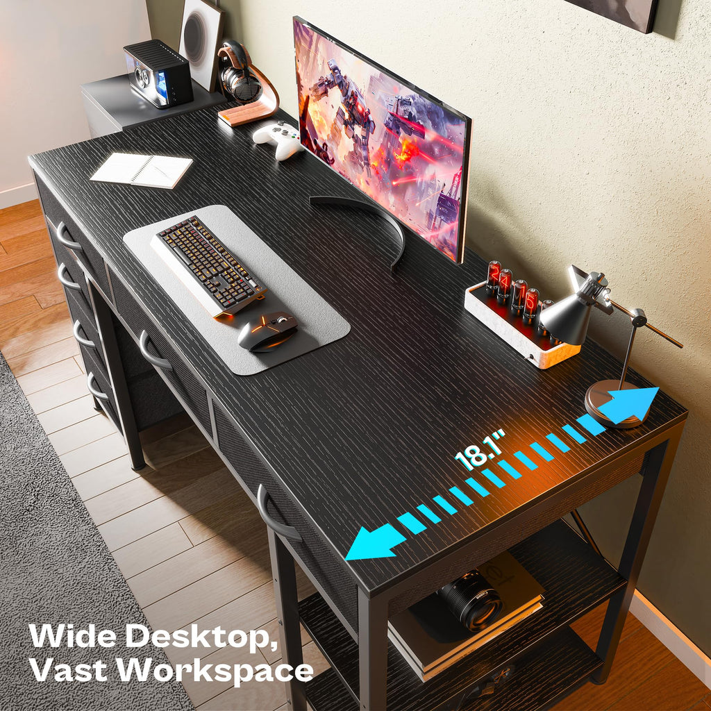 Computer Desk with 6 Drawers, Office Desk with Shelves, Reversible Gaming Desk, Corner Desk with Storage, Work for Home Office, Study, Living Room, 47inch, Black