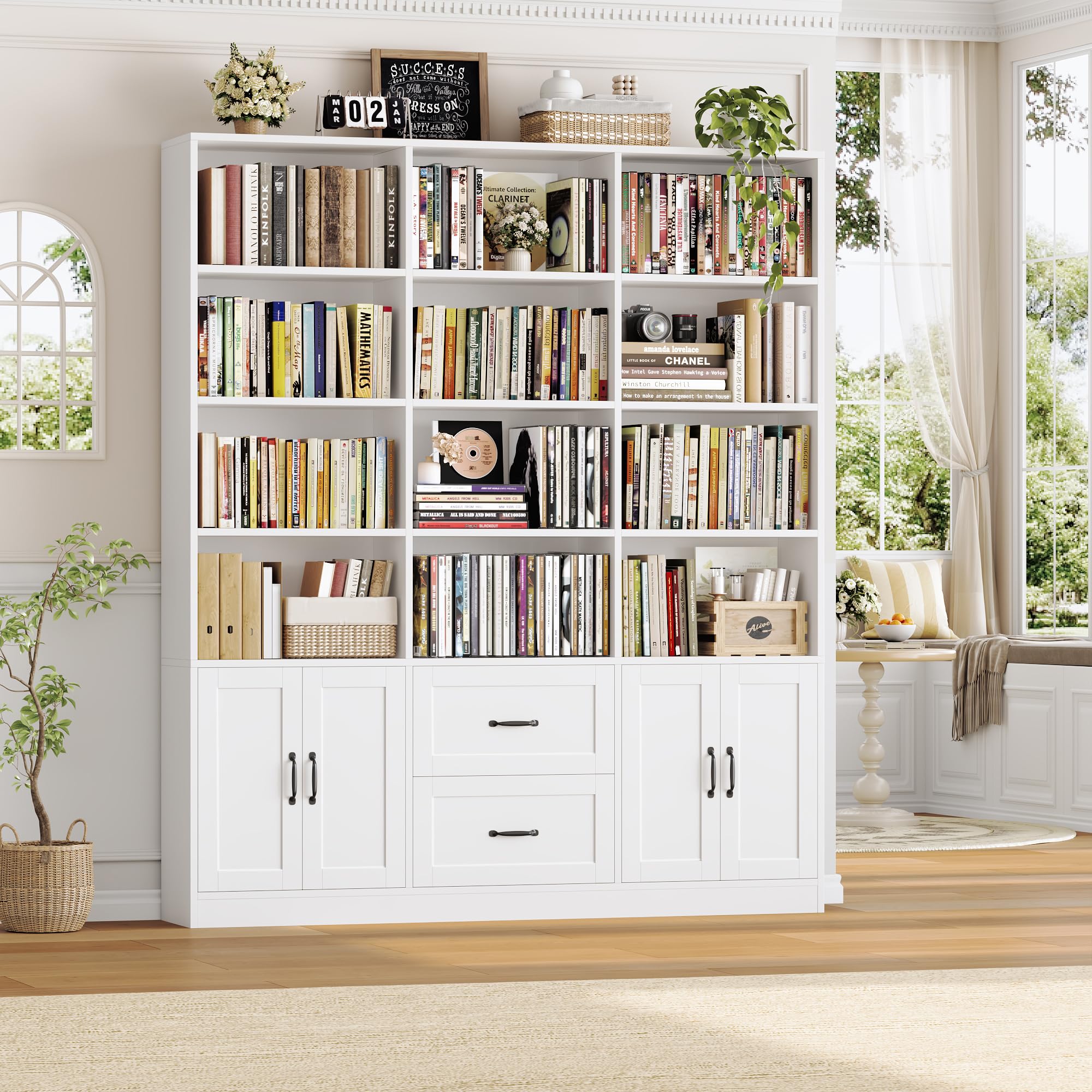 71" Tall Triple Wide Bookshelf with Storage Drawers & Doors, White