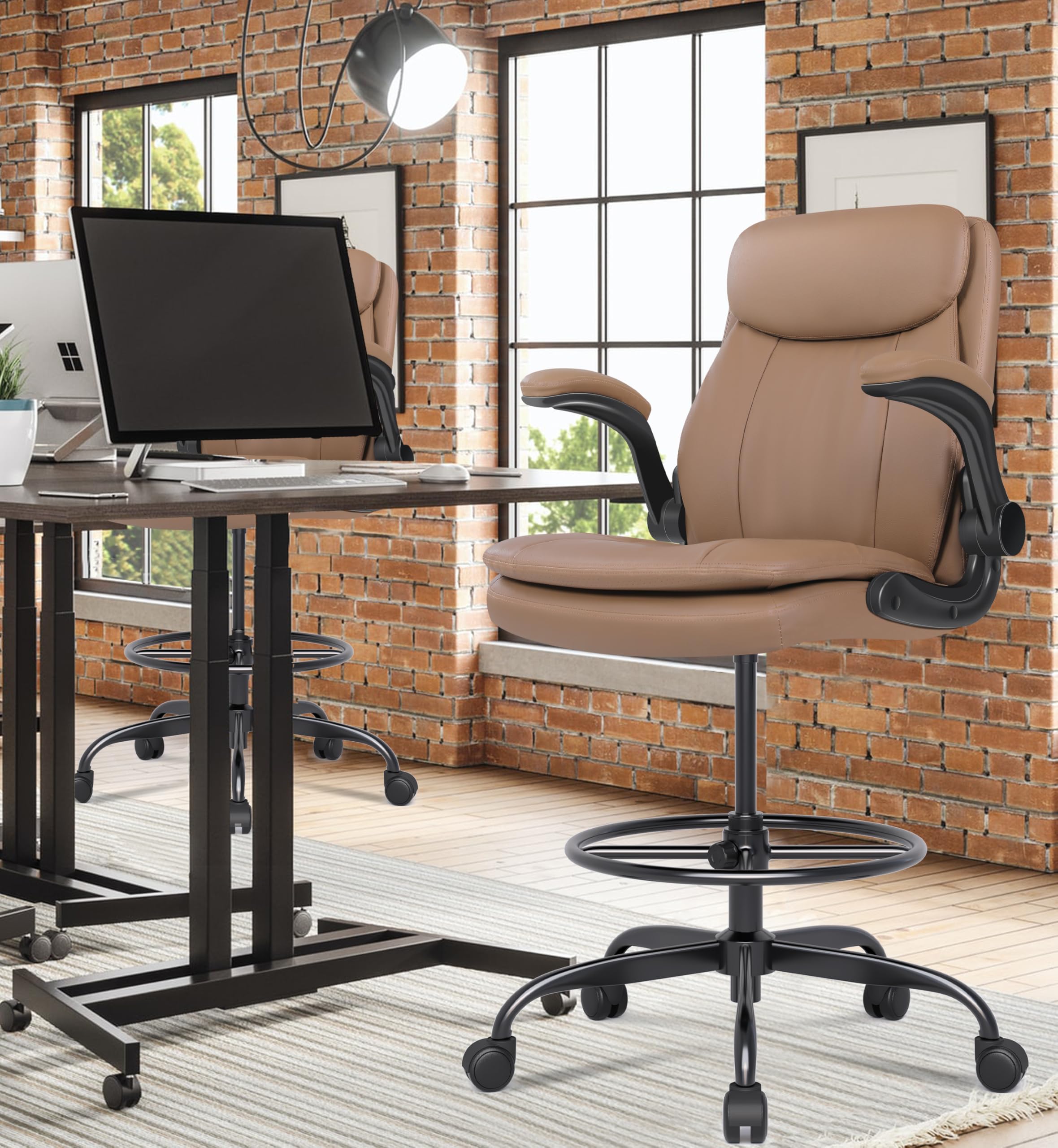 Leather Drafting Chair, Tall Office Chair for Standing Desk, High Executive Office Chair with Adjustable Height and Flip-up Armrest for Counter Height Desk