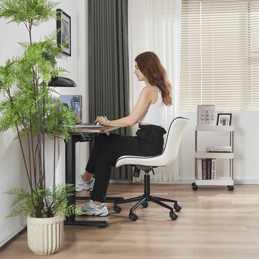 White Armless Office Chair Faux Leather Small Cute Desk Chair with 12° Rocking Back Adjustable Height Swivel Vanity Chair Ergonomic Compact Home Computer Rolling Task Chair for Small Spaces