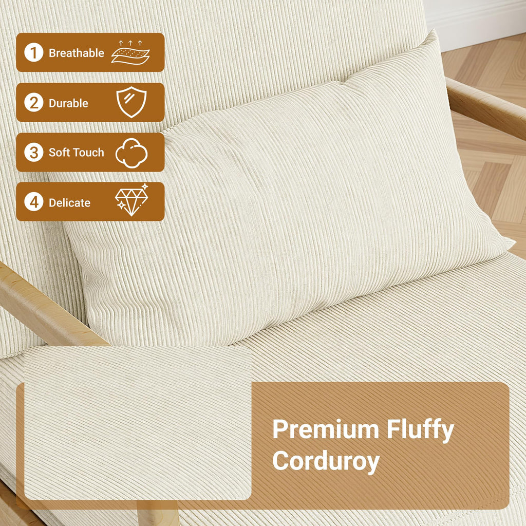 Mid-Century Modern Accent Chair, Armchair with Solid Wood Frame & Lumbar Pillow, Comfy Upholstered Lounge Chair for Office, Bedroom, Corduroy, Beige