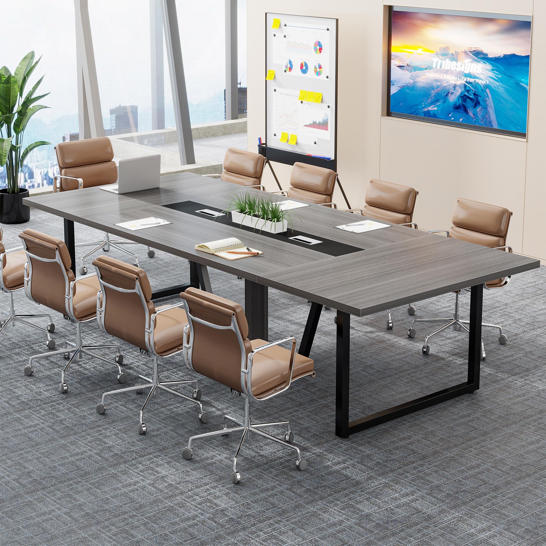 8FT Conference Table, 94.49 L x 47.24 W x 29.53 H Inches Large Meeting Podcast Table for 10 People, Business Style Wooden Training Table with Strong Metal Frame for Office Conference