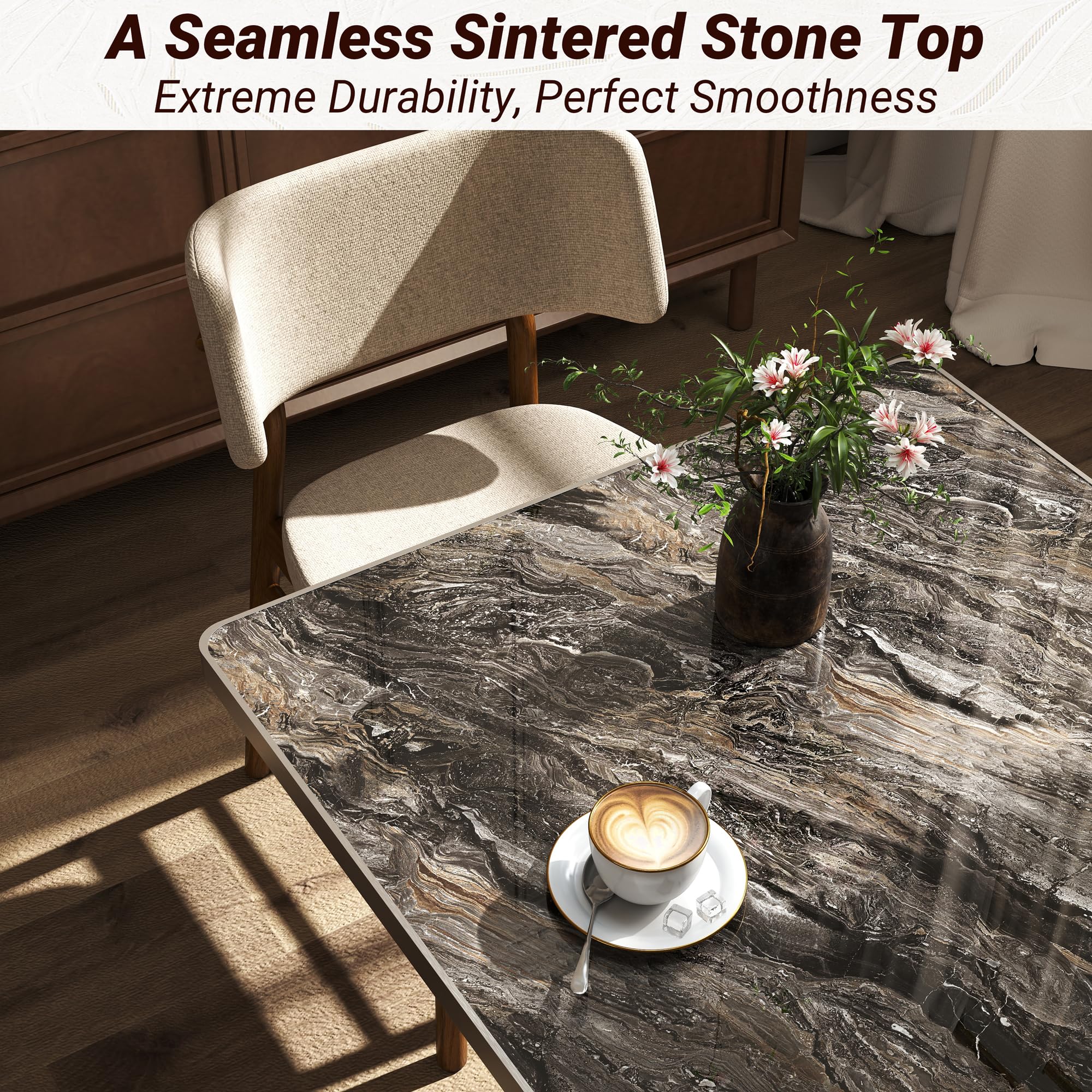 hausway 31.5" Tulip Table,Square Kitchen Dining Table for 2-4 with Thick Sintered Stone Top,Titanium Golden Pedestal Base,Heat-Resistant,Bistro Table for Dining Room,Café,Small Space（Dusk Strata）