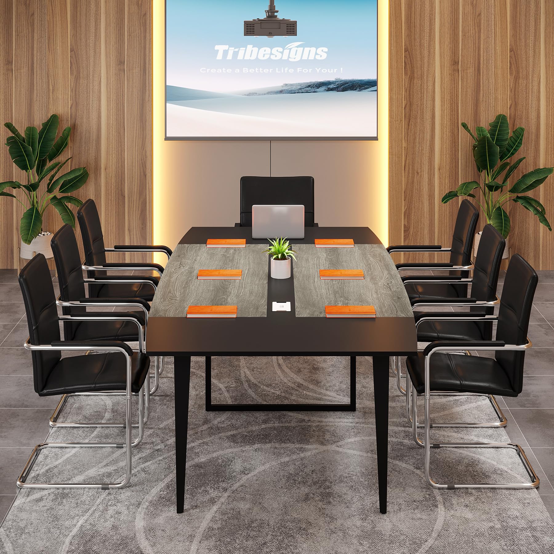 8FT Conference Table, 94.48L x 47.21W x 29.52H Inches Boat Shaped Meeting Table with Rectangle Grommet, Modern Seminar Boardroom Table for Office Conference Room (Grey & Black, 8ft)