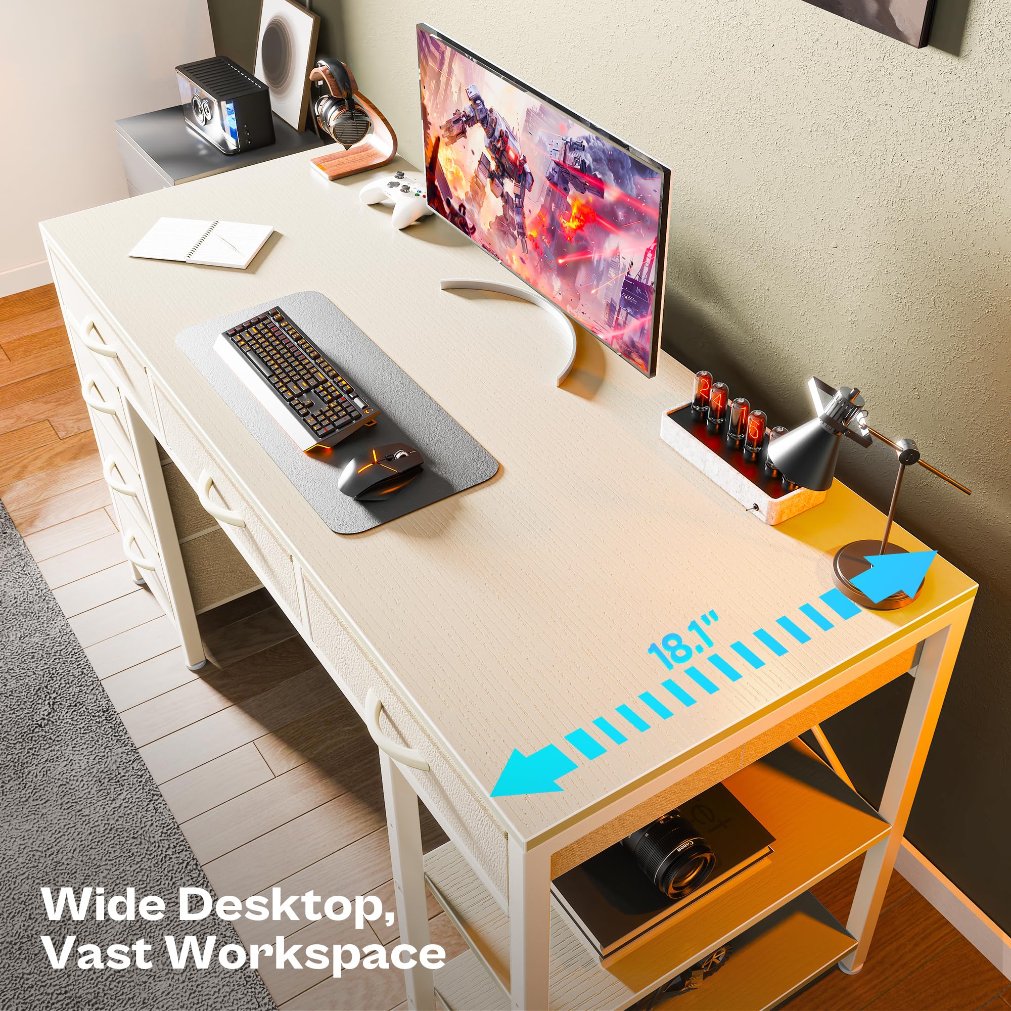 Computer Desk with 6 Drawers, Office Desk with Shelves, Reversible Gaming Desk, Corner Desk with Storage, Work for Home Office, Study, Living Room, 47inch, White