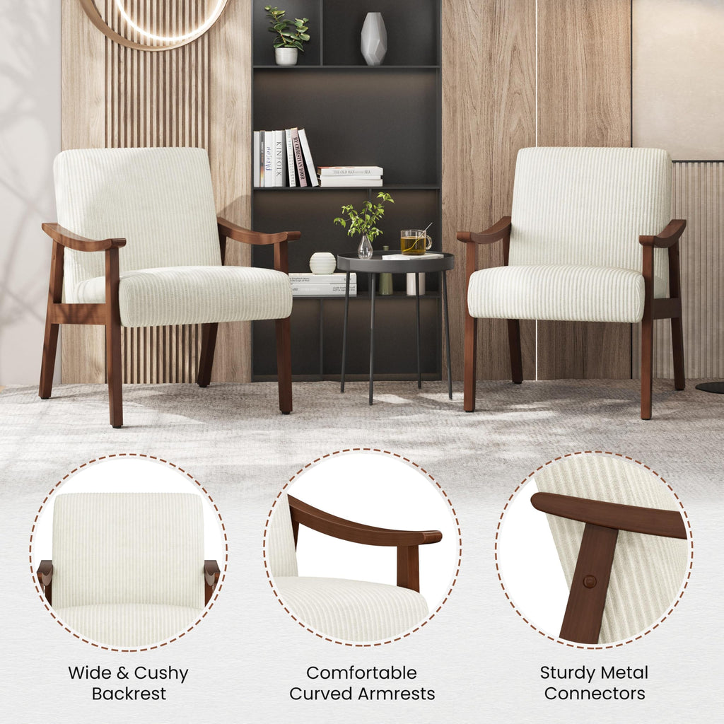 Corduroy Accent Chair, Mid-Century Modern Armchair with Solid Wood Legs, Reading Leisure Chair with High Back for Living Room Bedroom Waiting Room Beige