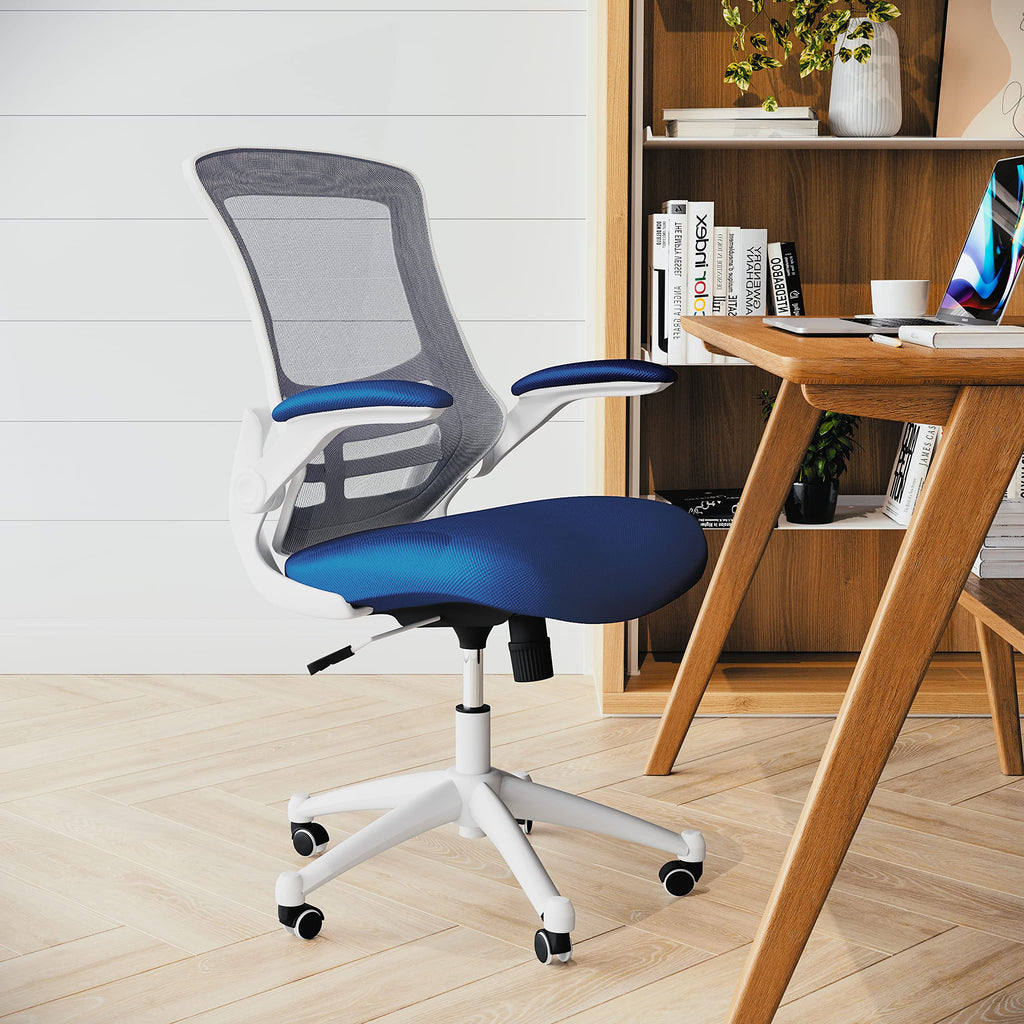 Office Chair, Ergonomic, Mid-Back, White Frame, Blue Mesh with Swivel