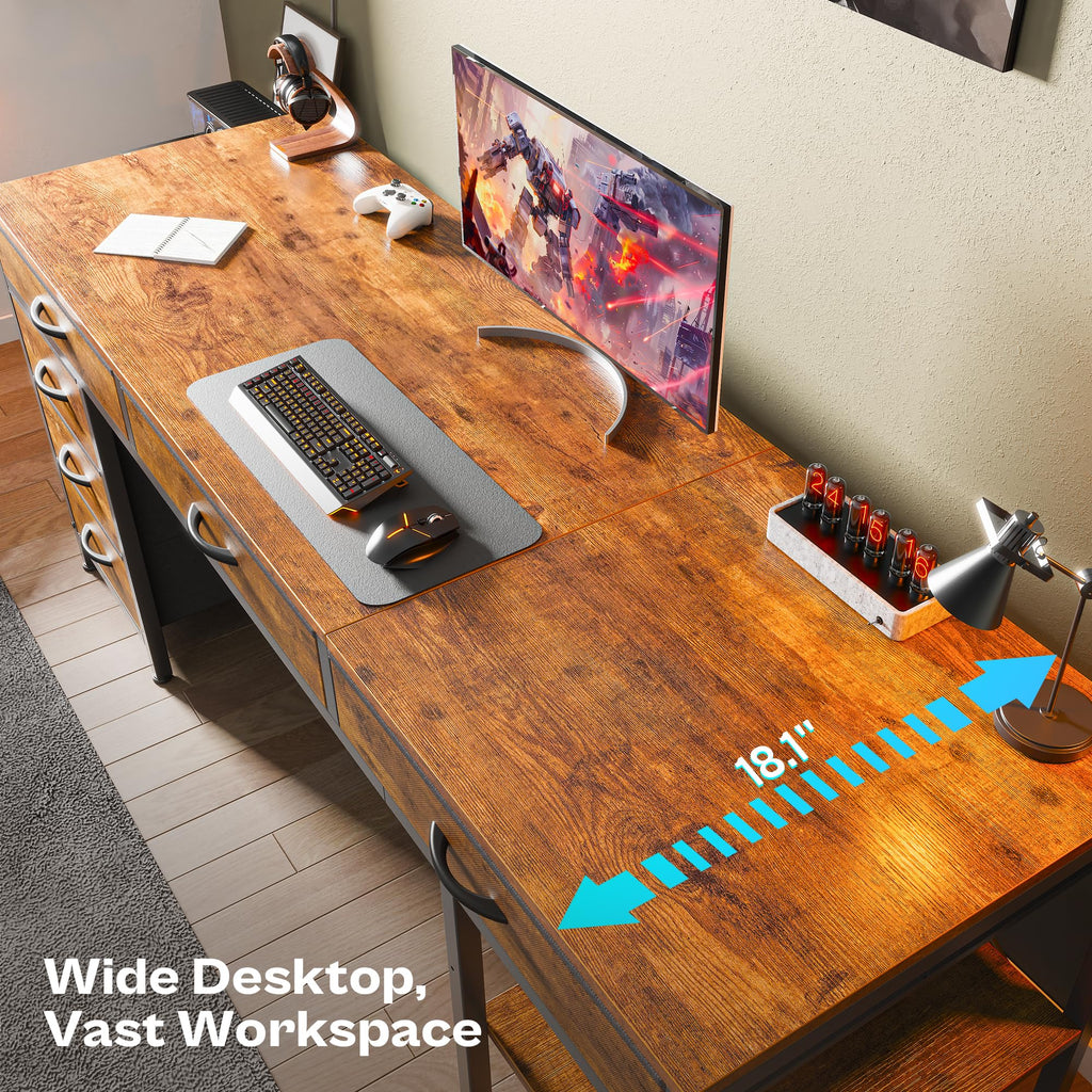 Computer Desk with 6 Drawers, Office Desk with Shelves, Reversible Gaming Desk, Large Corner Desk with Storage, Work for Home Office, Study, Living Room, 63inch, Rustic Brown