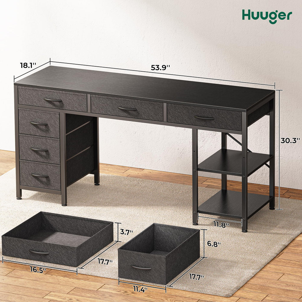Computer Desk with 6 Drawers, Office Desk with Shelves, Reversible Gaming Desk, Corner Desk with Storage, Work for Home Office, Study, Living Room, 54inch, Black