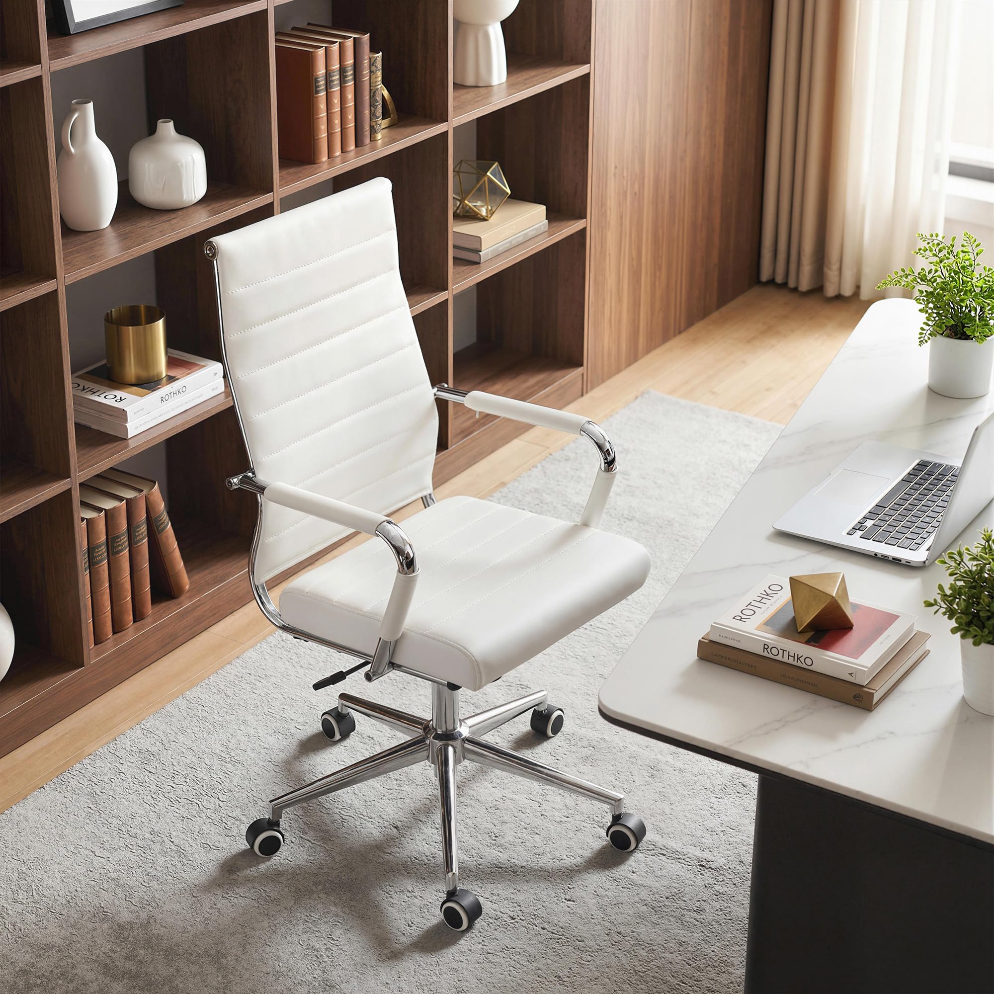 White Office Desk Chair, Ergonomic Leather Modern Conference Room Chairs, Executive Ribbed Height Adjustable Swivel Rolling Chair for Home Office.
