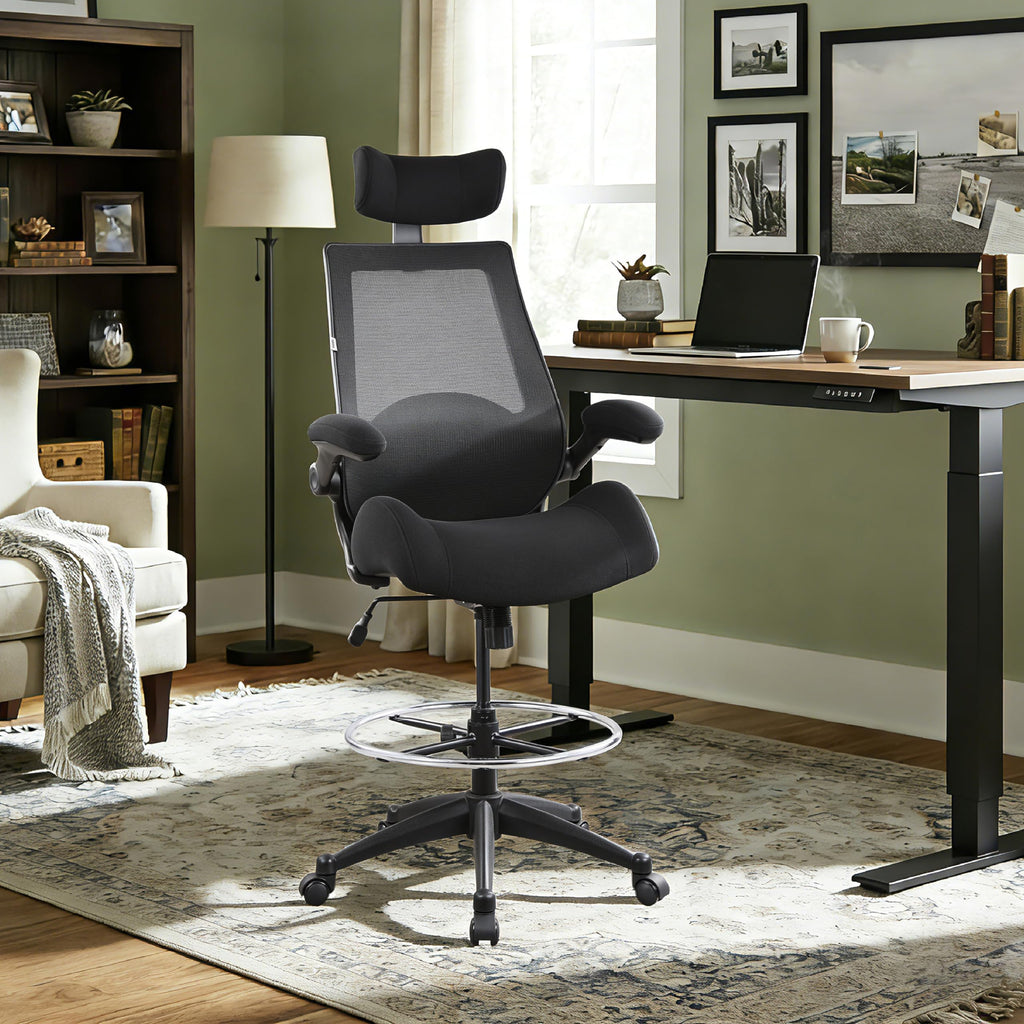 Drafting Tall Office Chair 400lbs High Back Wide Standing Desk Chair Comfortable with Flip up Armrests Lumbar Support Adjustable Big Footrest Ring(Black)