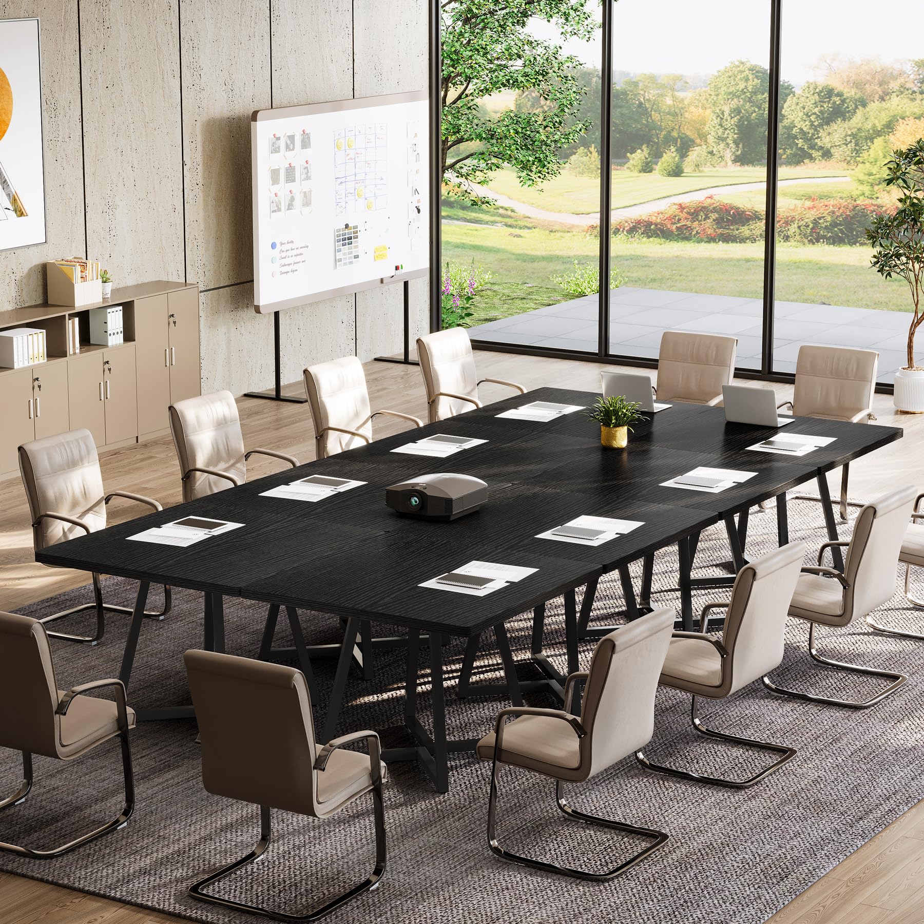 31.5" Square Conference Table Set of 6, 8 ft Industrial Office Meeting Table for 8-10 People, Business Podcast Furniture with Metal Base for Small Spaces, Office Conference, Black