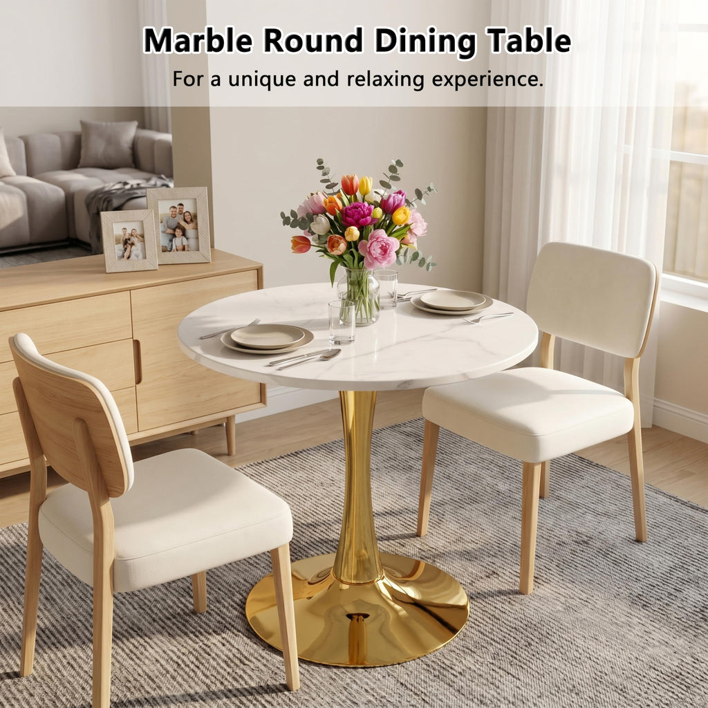 Sybrioka 27.6" Marble Round Tulip Table, Mid-Century Modern Style Dining Table with Gold Pedestal Base for 2-4 People, Featuring A Marble Tabletop for Kitchen, Dining Room, Cafe (White)