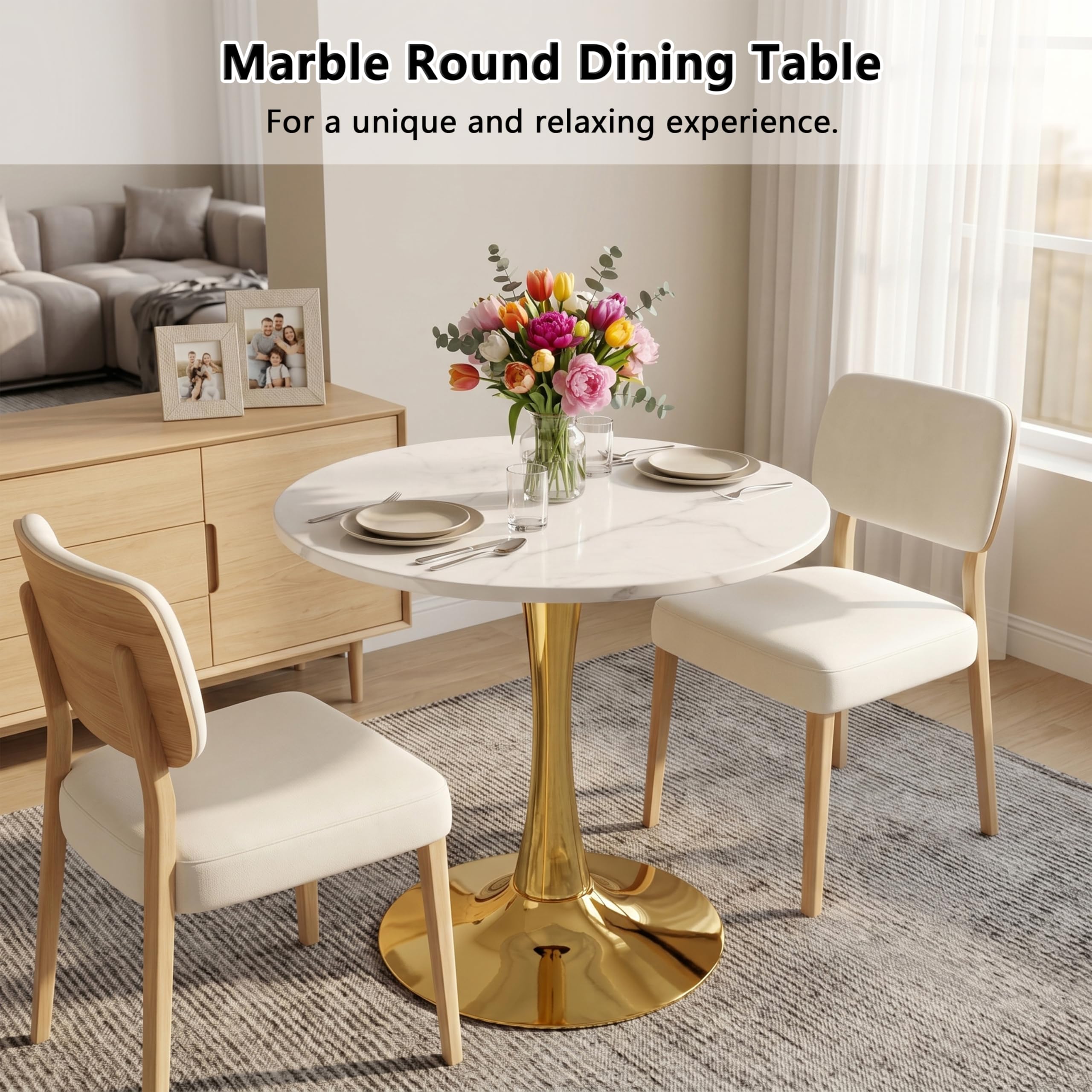 Sybrioka 27.6" Marble Round Tulip Table, Mid-Century Modern Style Dining Table with Gold Pedestal Base for 2-4 People, Featuring A Marble Tabletop for Kitchen, Dining Room, Cafe (White)