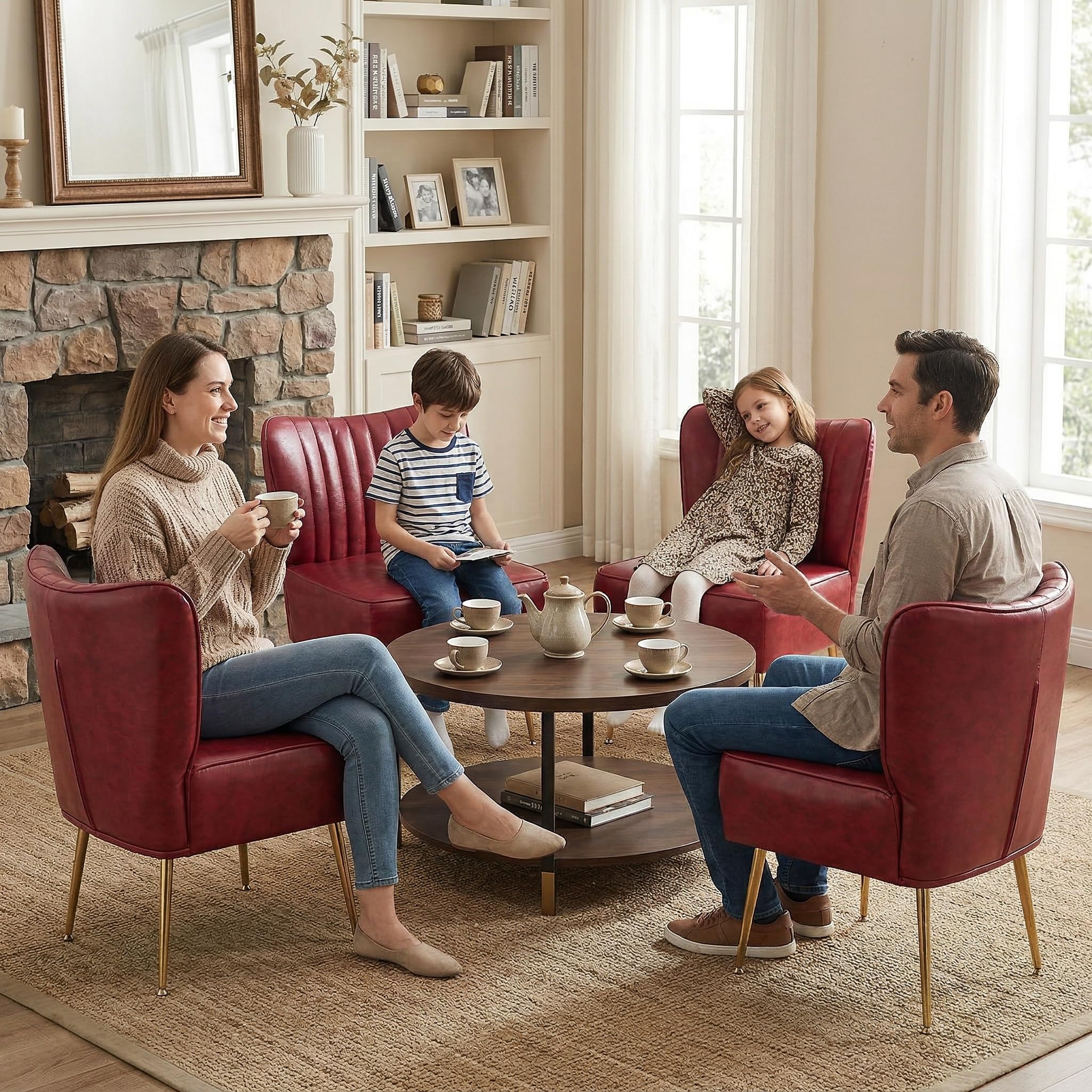 Modern Leather Accent Chairs Set of 4, Vintage Slipper Chair with Heavy Duty Iron Frame & Gold Legs, Mid Century Side Sofa Chair for Living Room Office（Wine Red）
