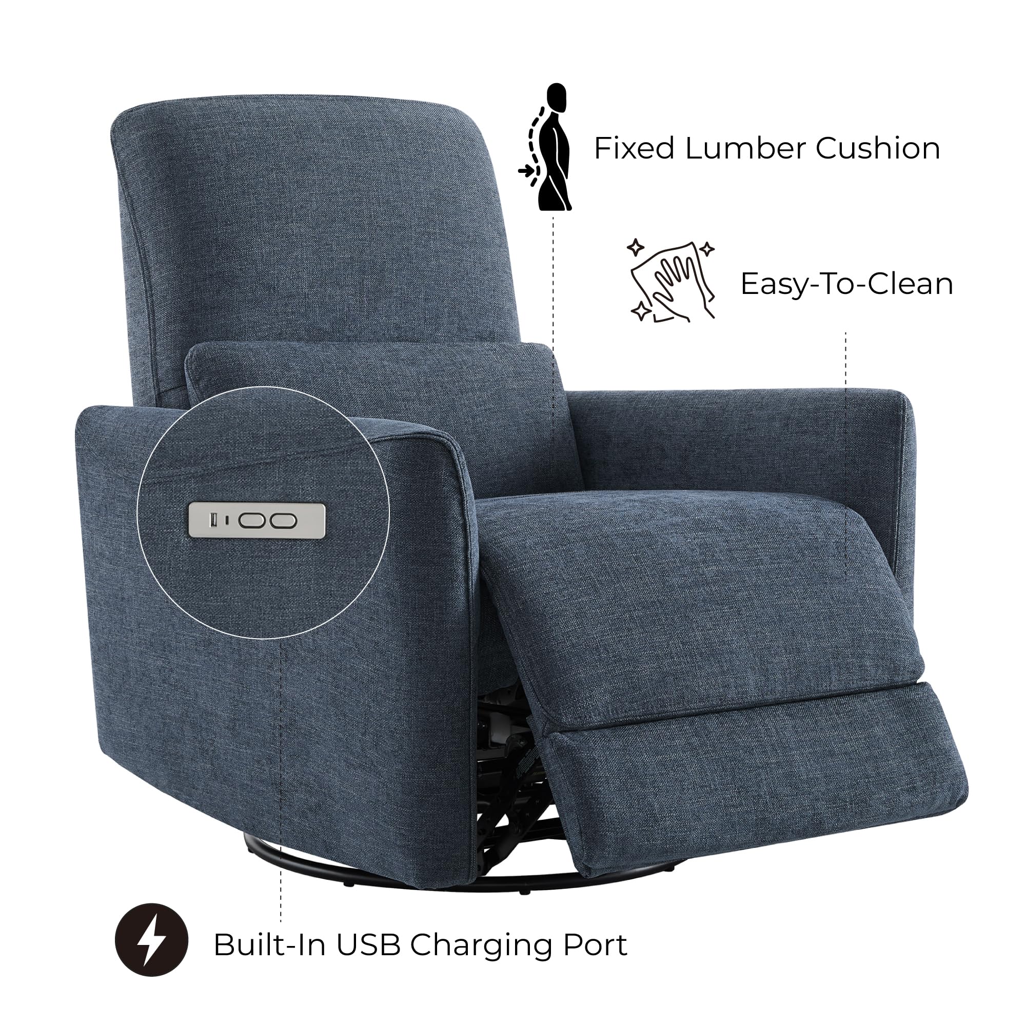 Power Recliner Chair Swivel Glider, FSC Certified Upholstered Fabric Living Room Nursery Reclining Sofa Chair with Lumbar Support, Ink Blue