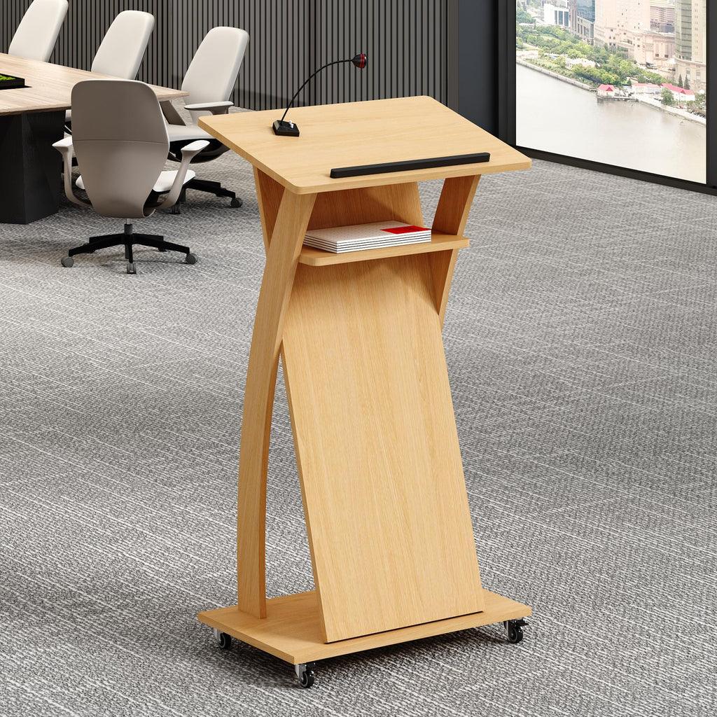 Mobile Wooden Podium Stand with Wheels Lectern Oak Color 16MM Wood Board Elegant Design Wooden Pulpit for Churches Seminars and Schools