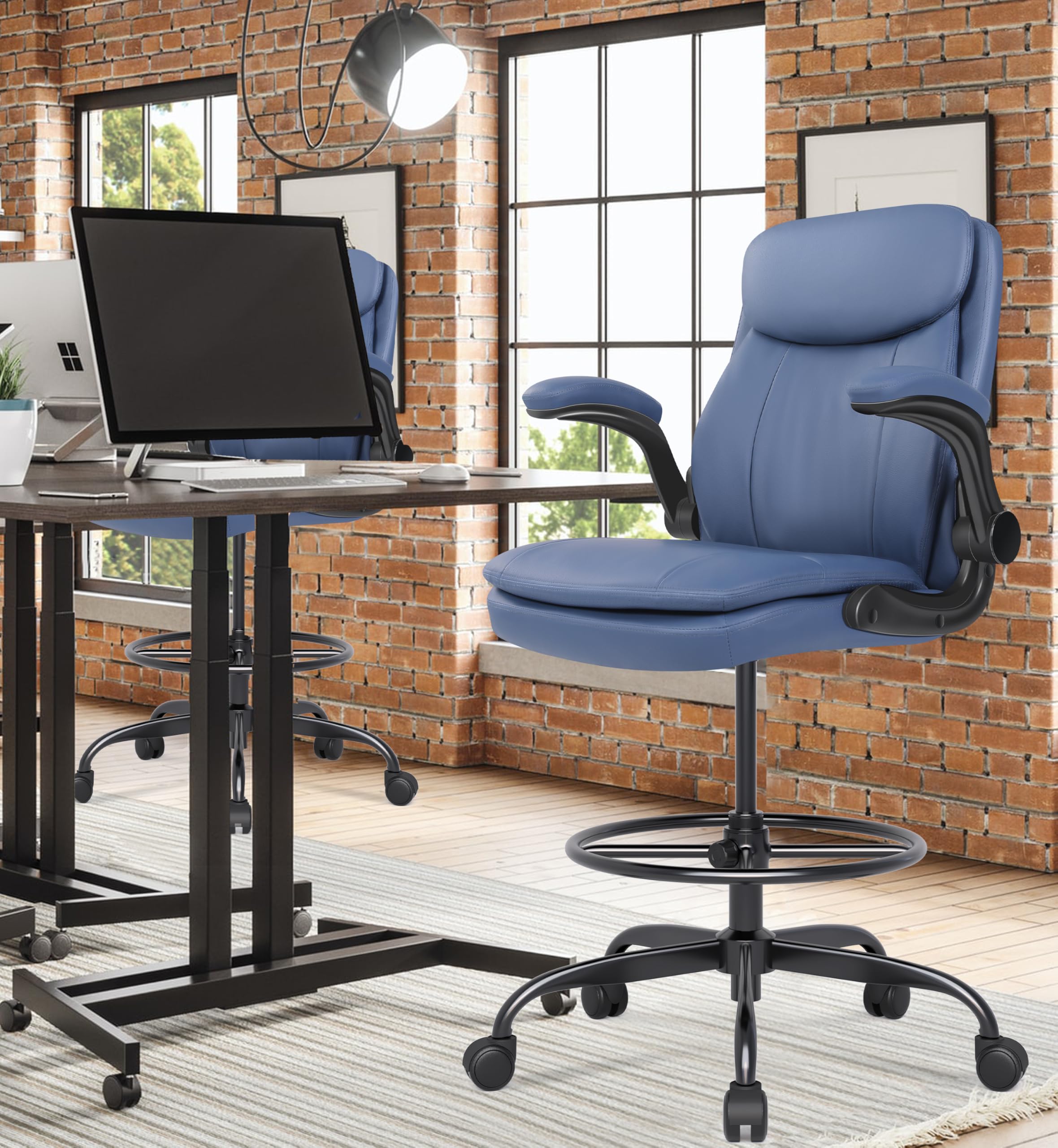 Leather Drafting Chair, Tall Office Chair for Standing Desk, High Executive Office Chair with Adjustable Height and Flip-up Armrest for Counter Height Desk