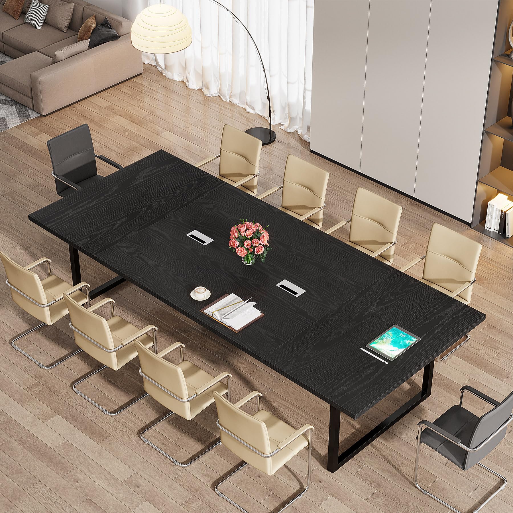 8FT Conference Table, 94.49 L x 47.24 W x 29.53 H Inches Large Meeting Podcast Table for 10 People, Business Style Wooden Training Table with Strong Metal Frame for Office Conference