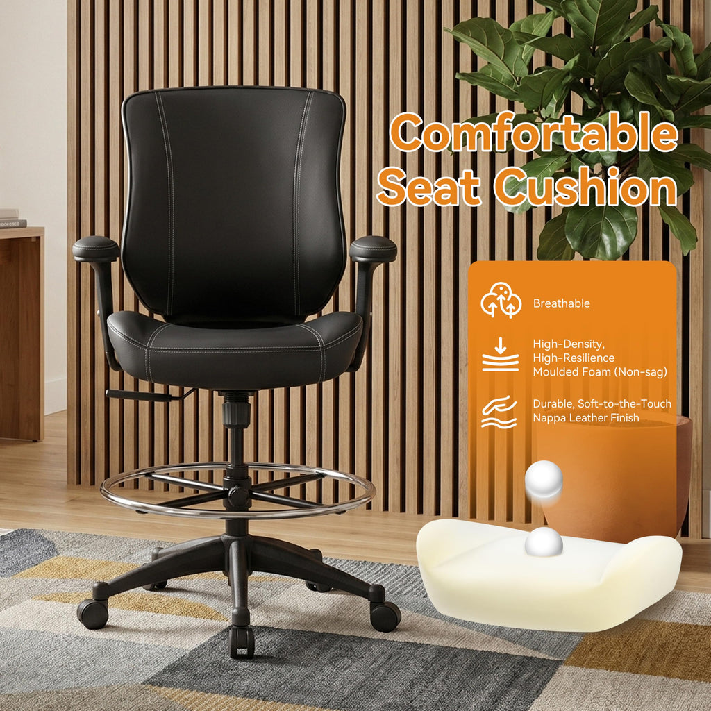 400lbs Mid Back Premium Leather Ergonomic Drafting Chair Office for Adjustable Desk Wide Chair Built-in Lumbar Support Adjustable Foot Ring Height Adjustable Armrest (Black Leather)