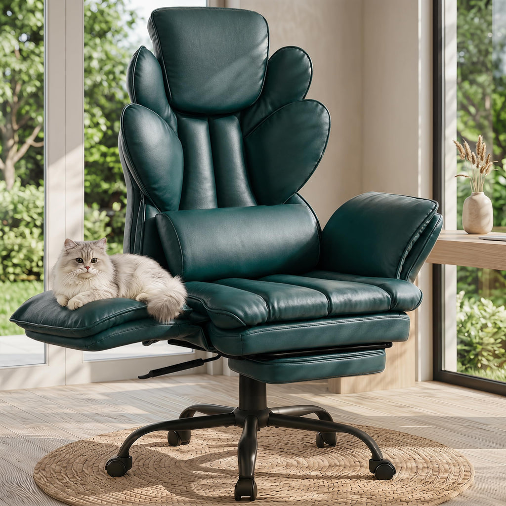 Flip Armrests Criss Cross Office Chair, Reclining Office Chair with Foot Rest, Adjustable Headrest, Massage Waist Pillow, Cross Legged Big and Tall Desk Chair Wide Seat Vanity Chair, PU Leather Green