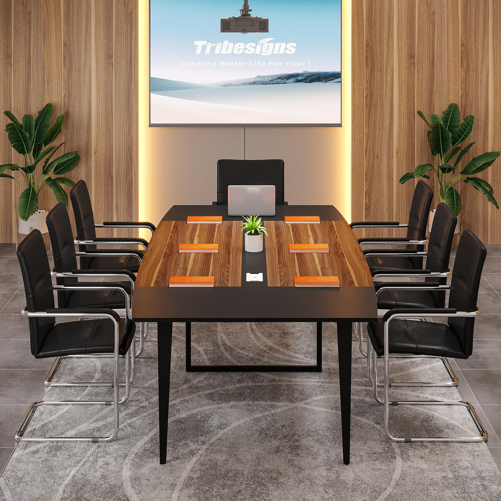 8FT Conference Table, 94.48L x 47.24W x 29.52H Inches Boat Shaped Meeting Table with Rectangle Grommet, Modern Seminar Boardroom Table for Office Conference Room (8ft, Walnut & Black)