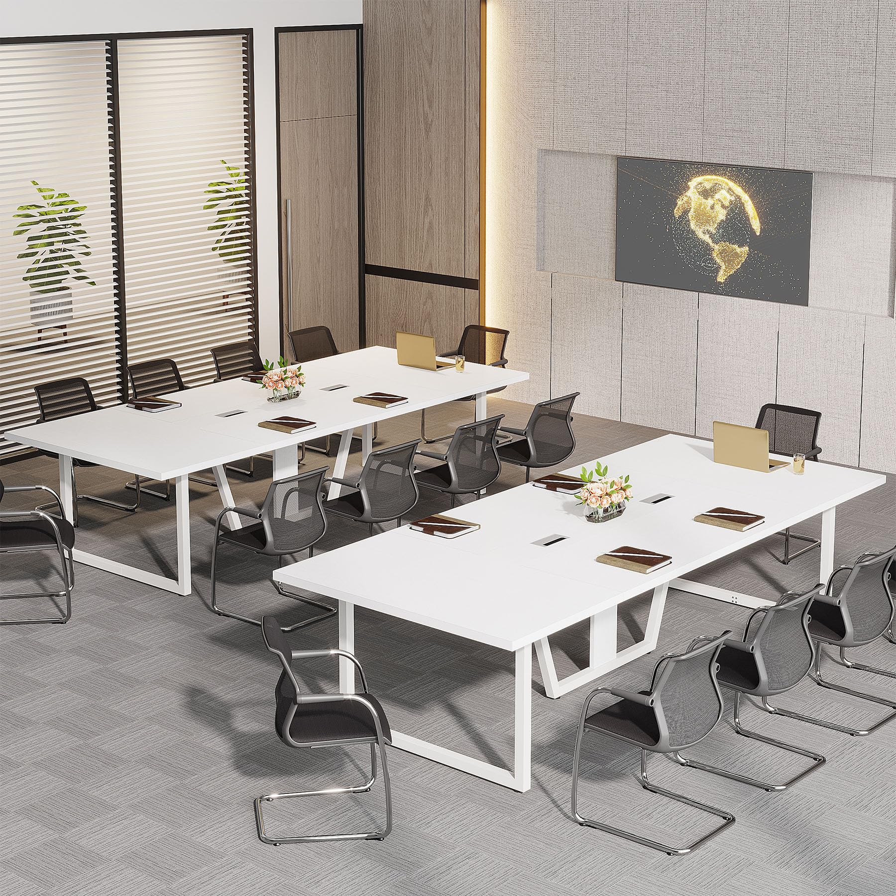 8FT Conference Table Set of 2, Large Meeting Podcast Table for 10 People, Business Style Wooden Training Table with Strong Metal Frame for Office Conference