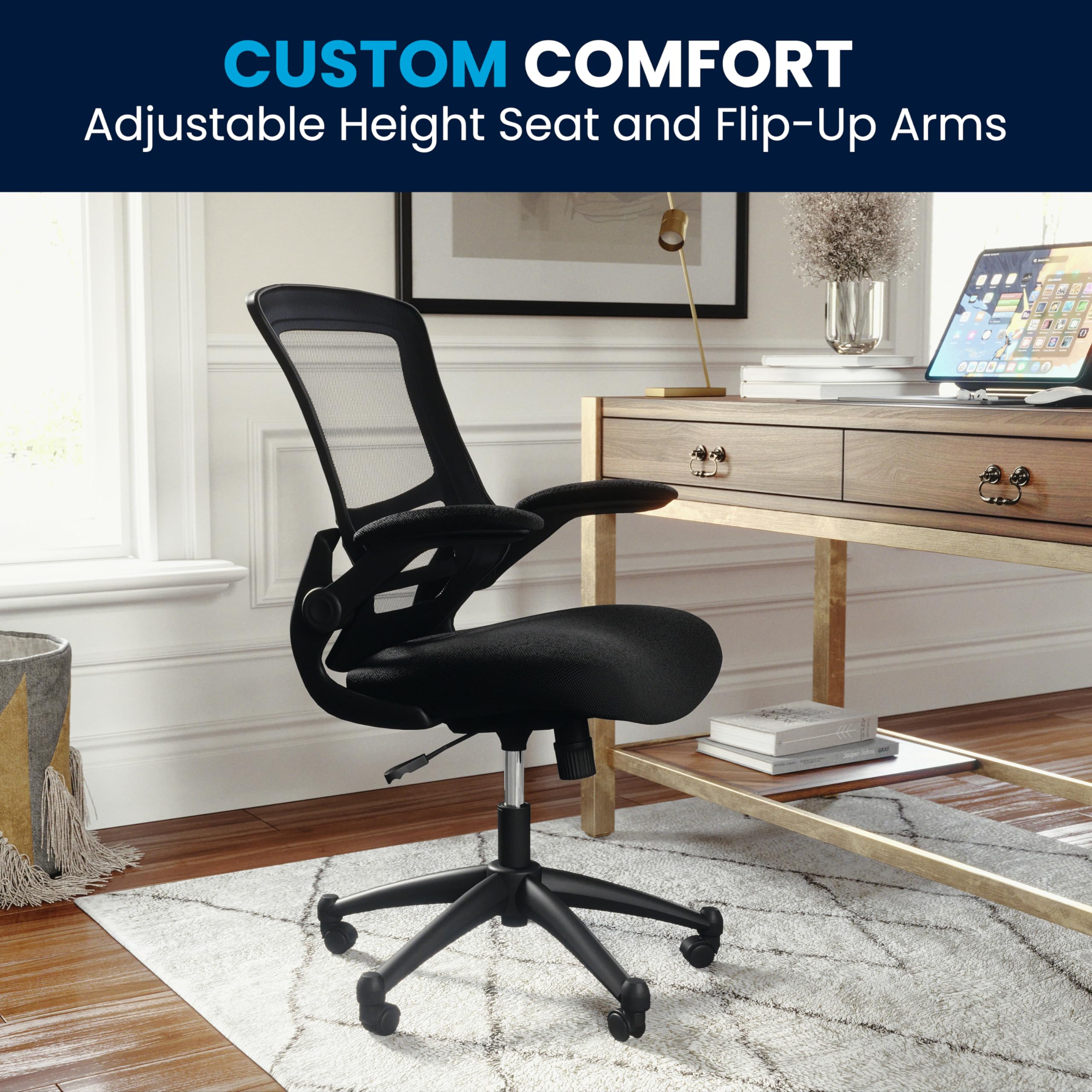 Mid-Back Swivel Office Chair with Adjustable Seat Height, Ergonomic Mesh Desk Chair with Flip-Up Armrests, Black