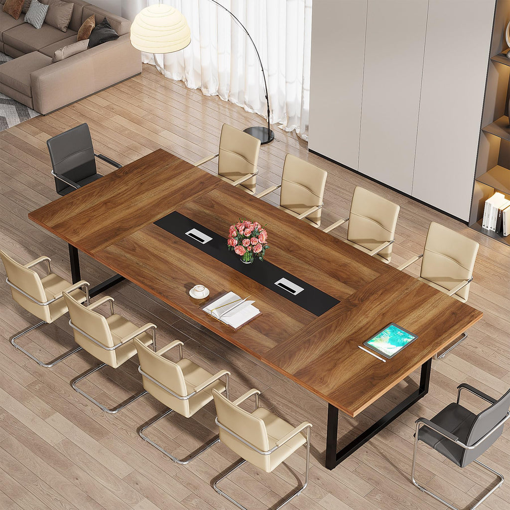 8FT Conference Table, 94.49 L x 47.24 W x 29.53 H Inches Large Meeting Podcast Table for 10 People, Business Style Wooden Training Table with Strong Metal Frame for Office Conference
