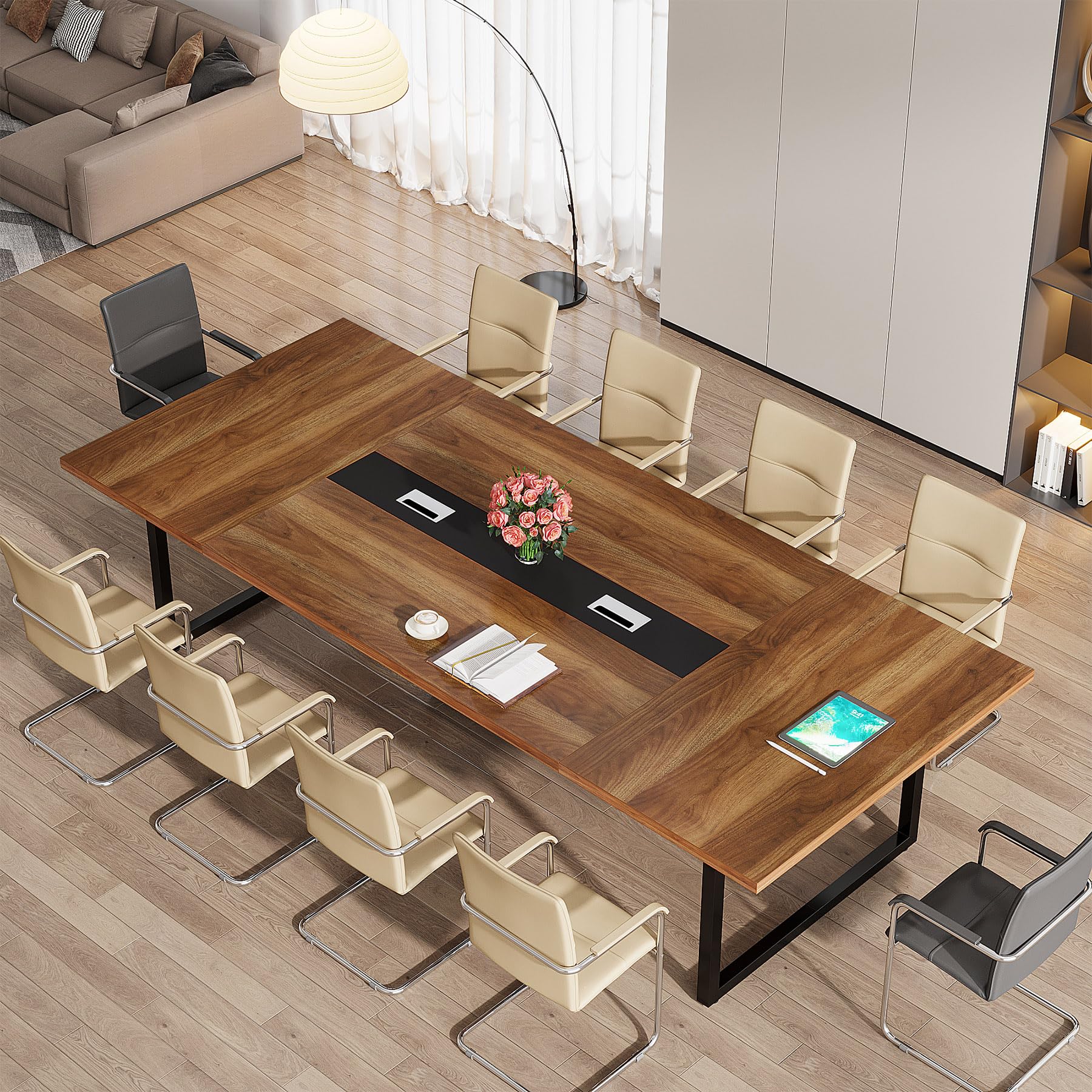 8FT Conference Table, 94.49 L x 47.24 W x 29.53 H Inches Large Meeting Podcast Table for 10 People, Business Style Wooden Training Table with Strong Metal Frame for Office Conference