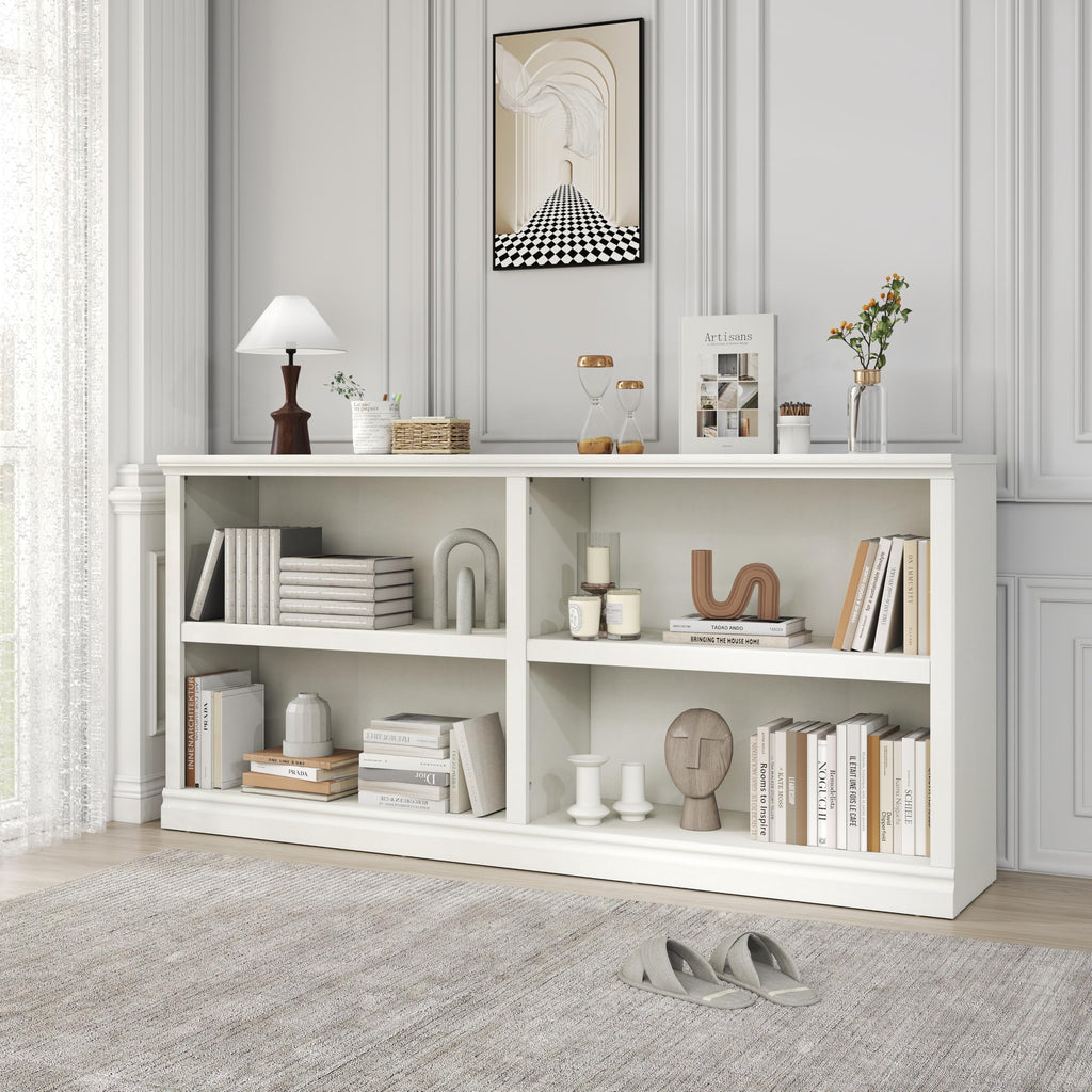 64" W Double Wide Horizontal Bookshelf, 2 Tiers 4 Storage Cube Book Case