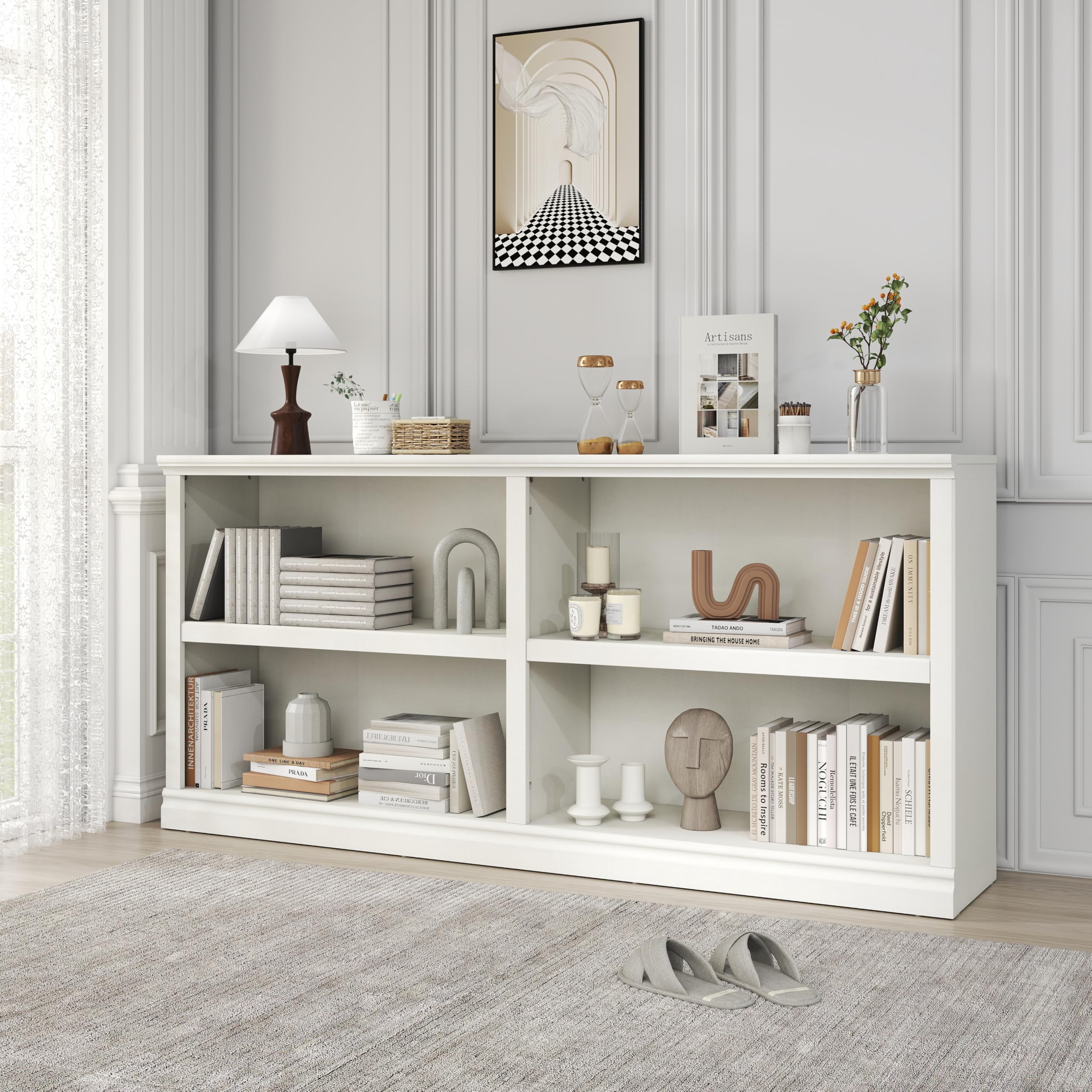 64" W Double Wide Horizontal Bookshelf, 2 Tiers 4 Storage Cube Book Case