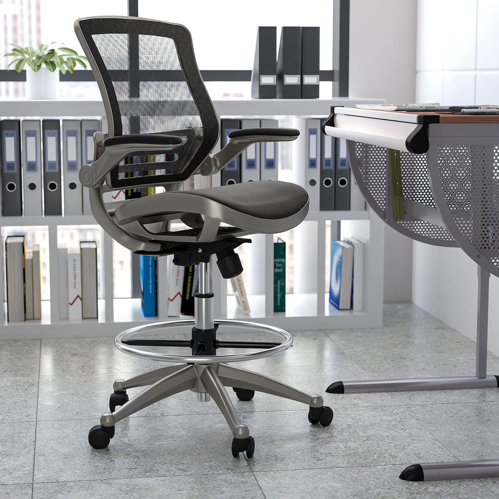 Mid-Back Swivel Office Chair with Adjustable Foot Ring and Seat Height, Ergonomic Mesh Chair with Armrests, Black/Silver