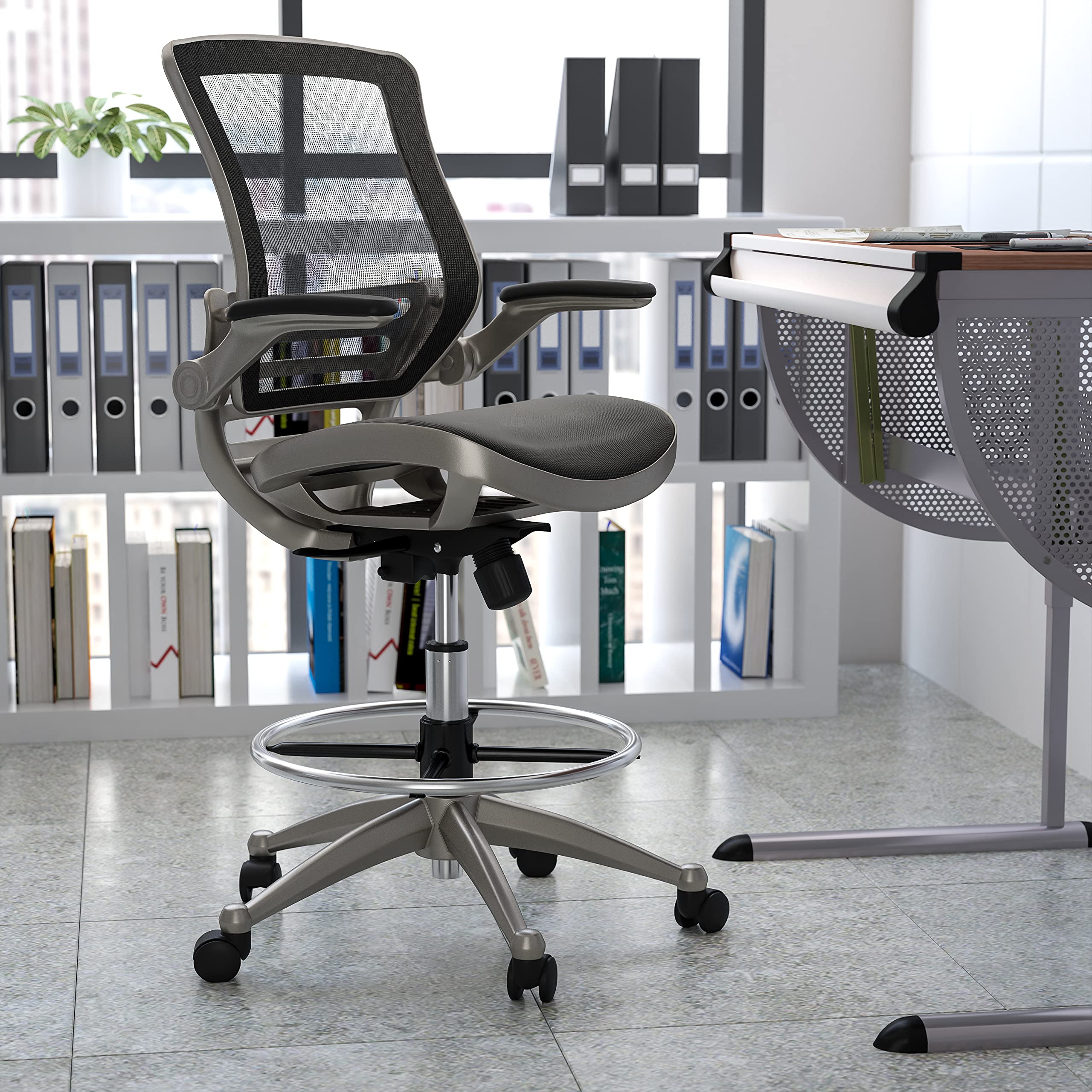 Mid-Back Swivel Office Chair with Adjustable Foot Ring and Seat Height, Ergonomic Mesh Chair with Armrests, Black/Silver
