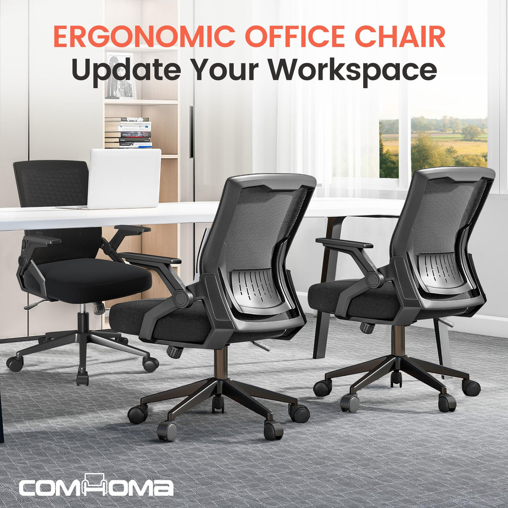 Office Chair with Flip-up Armrests Ergonomic Computer Desk Chair with Adaptive Lumbar Support & Breathable Mesh, Black