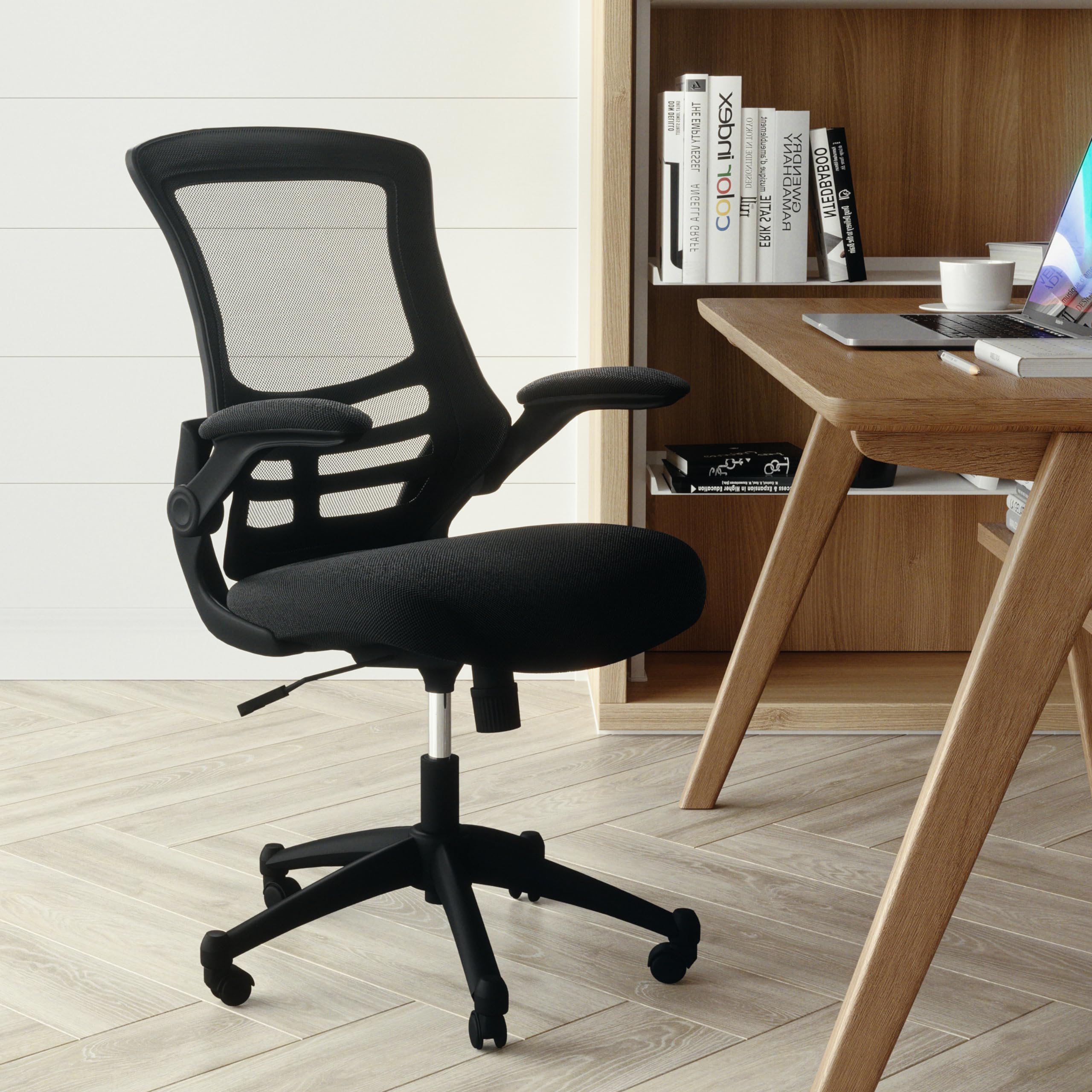 Mid-Back Swivel Office Chair with Adjustable Seat Height, Ergonomic Mesh Desk Chair with Flip-Up Armrests, Black